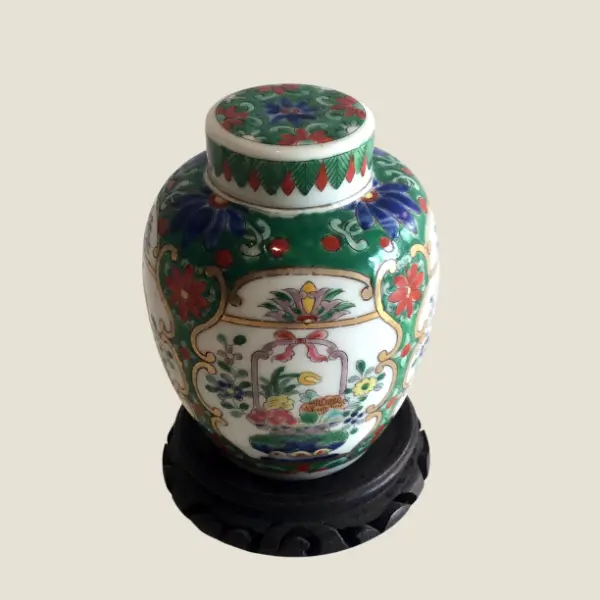Chinese Vase – Porcelain Hand-Painted with Lid (1950s - Gold Finish)