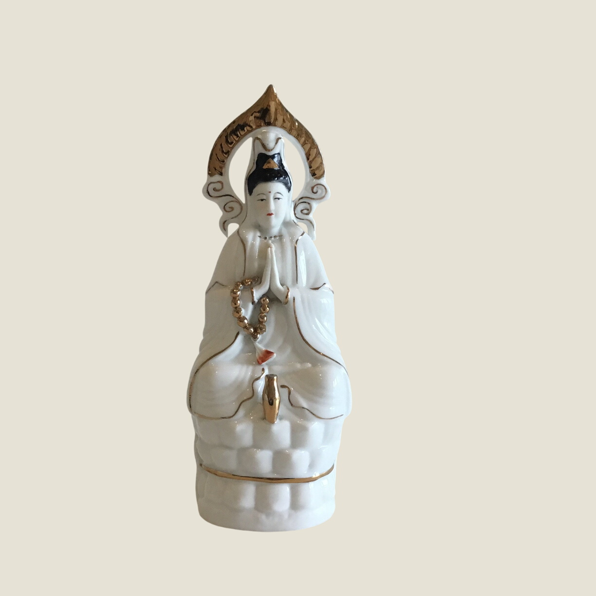 Chinese Porcelain Guan Yin Statue (1970s) Hand-Painted, Gold Finish