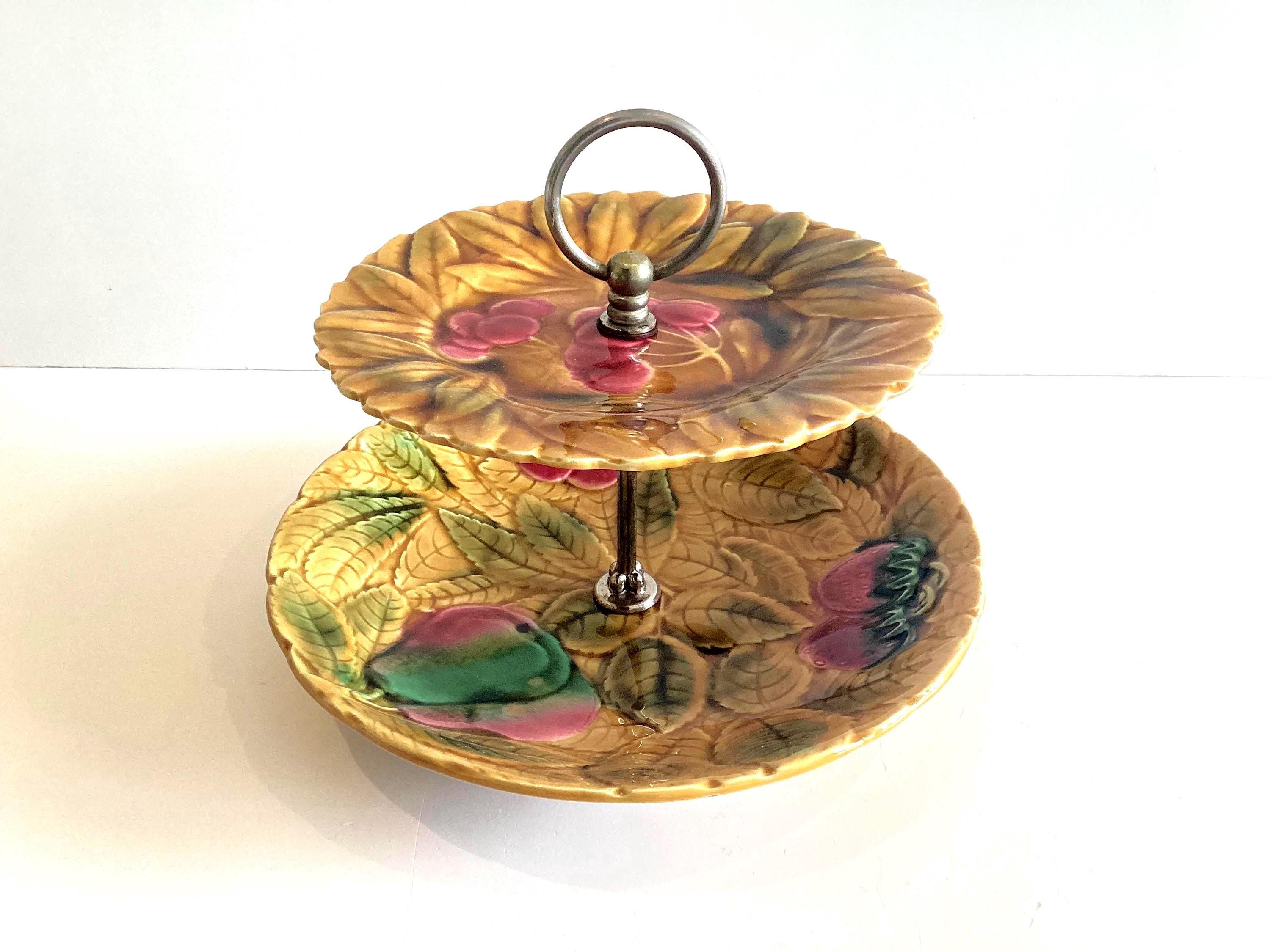 Vintage Majolica Centerpiece | 1930s Serreguemines France, Two-Tier Hand Painted — photo 2 of 8