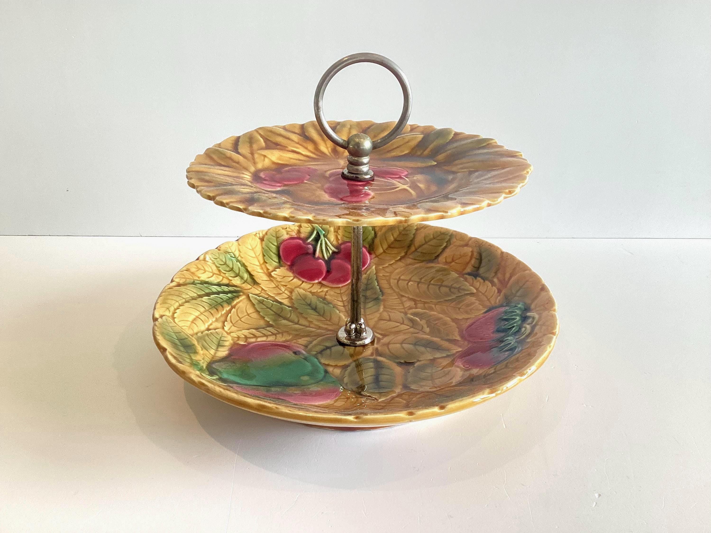 Vintage Majolica Centerpiece | 1930s Serreguemines France, Two-Tier Hand Painted — photo 3 of 8