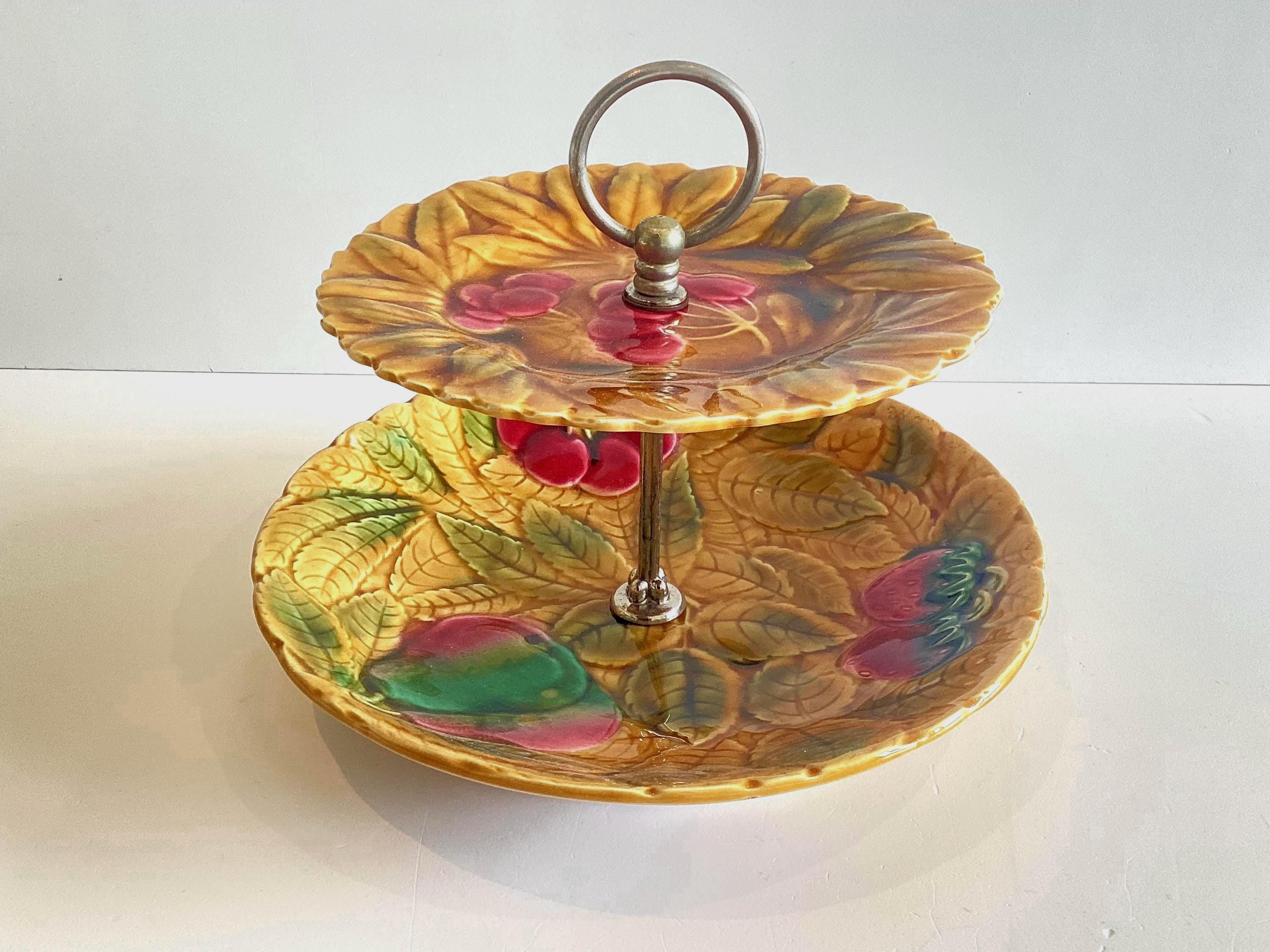 Vintage Majolica Centerpiece | 1930s Serreguemines France, Two-Tier Hand Painted — photo 4 of 8