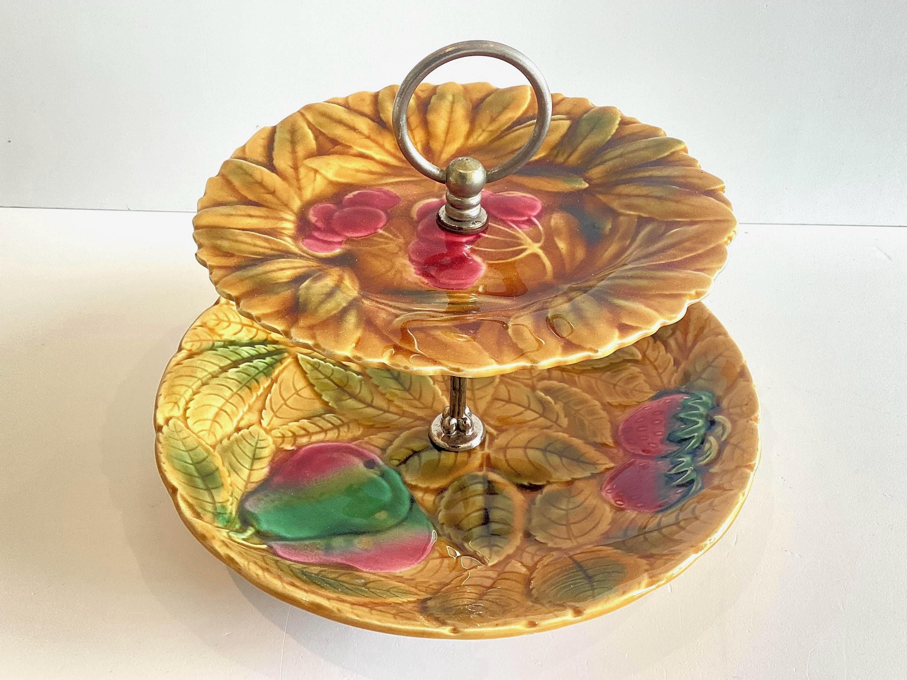 Vintage Majolica Centerpiece | 1930s Serreguemines France, Two-Tier Hand Painted — photo 5 of 8