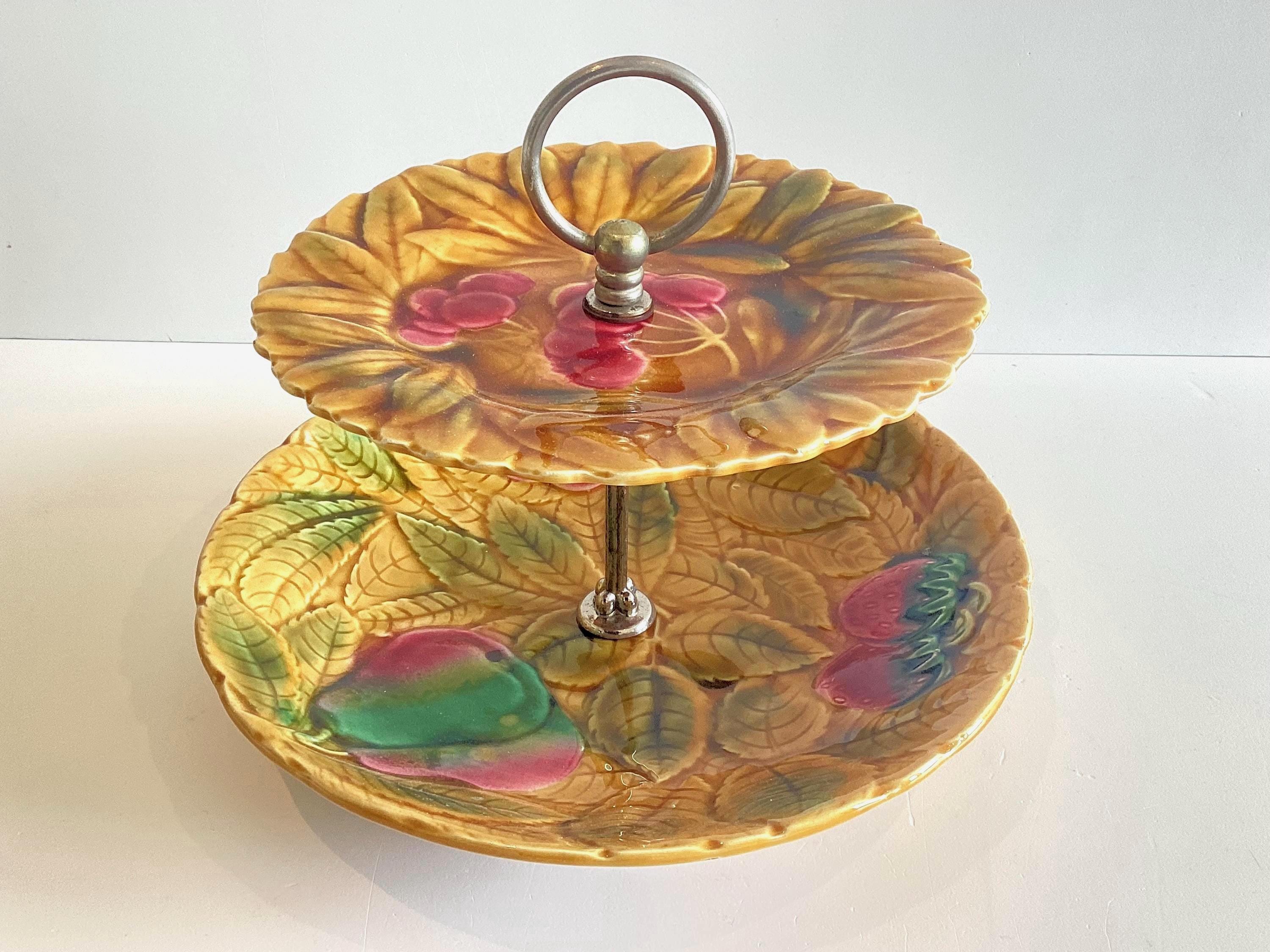 Vintage Majolica Centerpiece | 1930s Serreguemines France, Two-Tier Hand Painted — photo 6 of 8