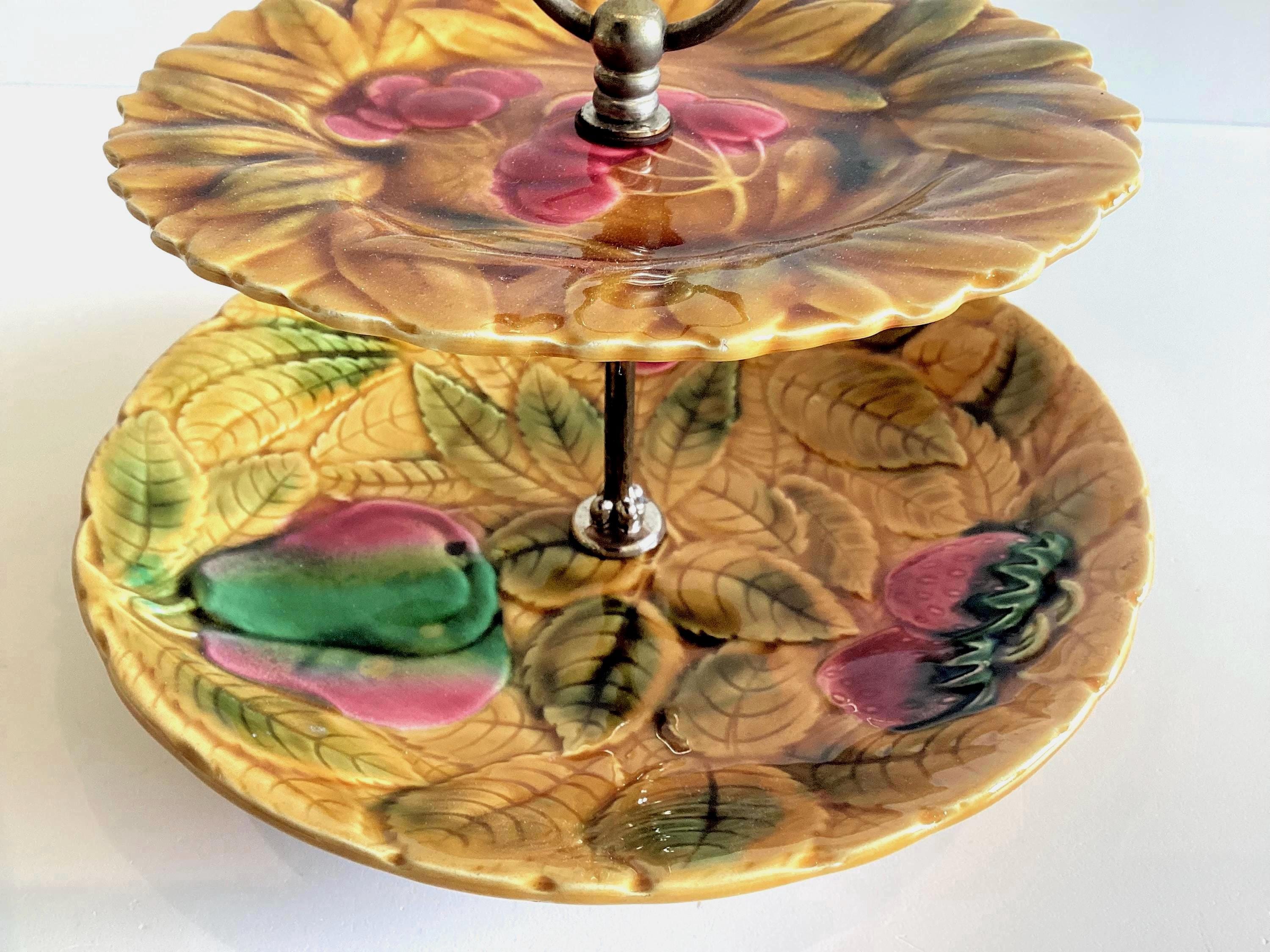 Vintage Majolica Centerpiece | 1930s Serreguemines France, Two-Tier Hand Painted — photo 7 of 8