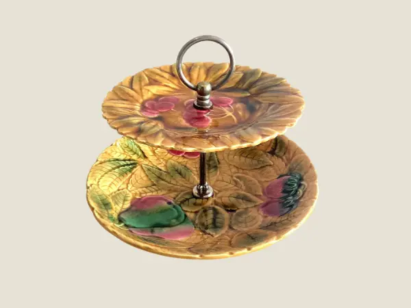 Vintage Majolica Centerpiece | 1930s Serreguemines France, Two-Tier Hand Painted