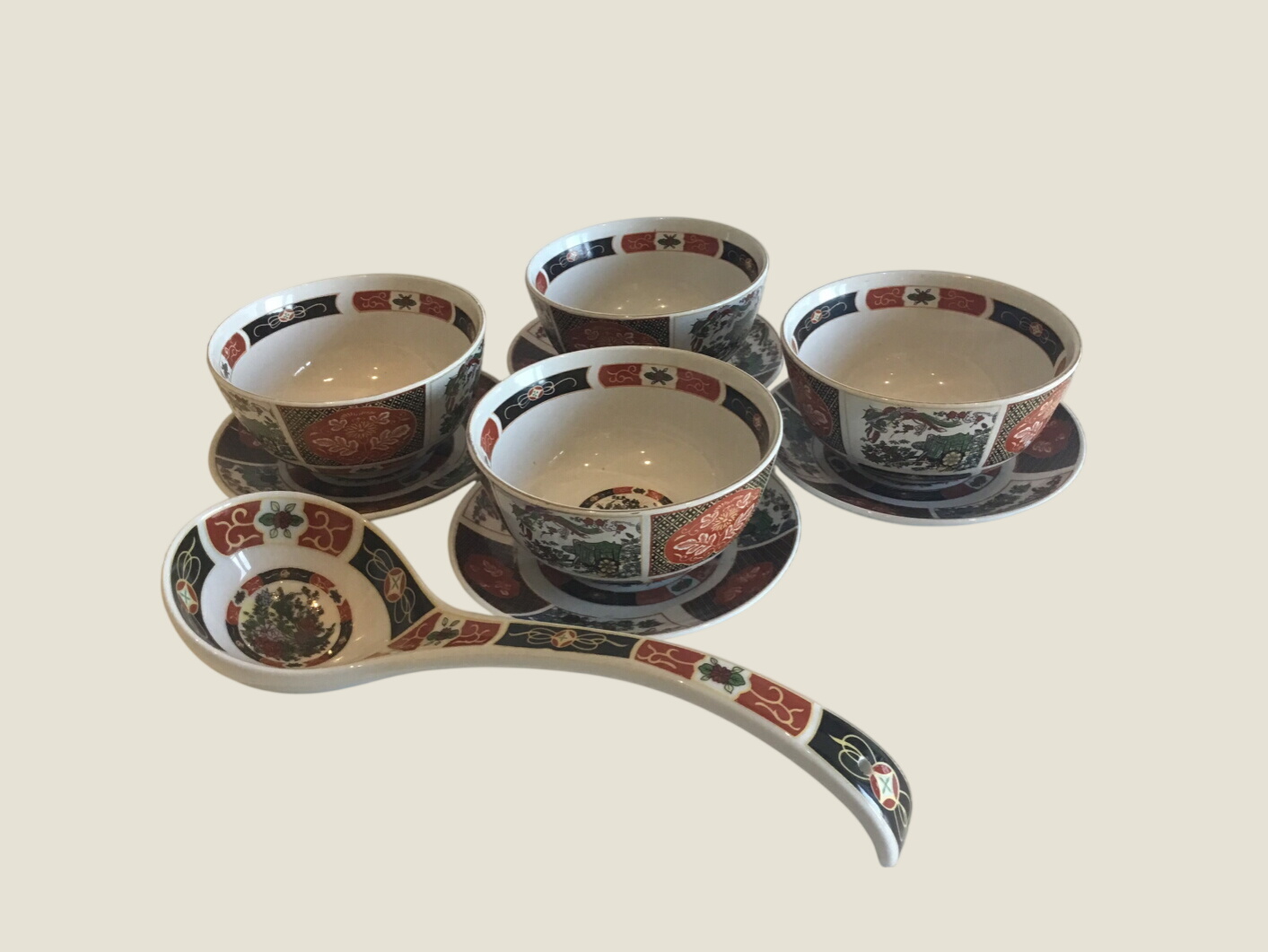 Vintage Dinnerware Set | 1960s Moroccan COCEMA Porcelain, Peacock Imari Pattern
