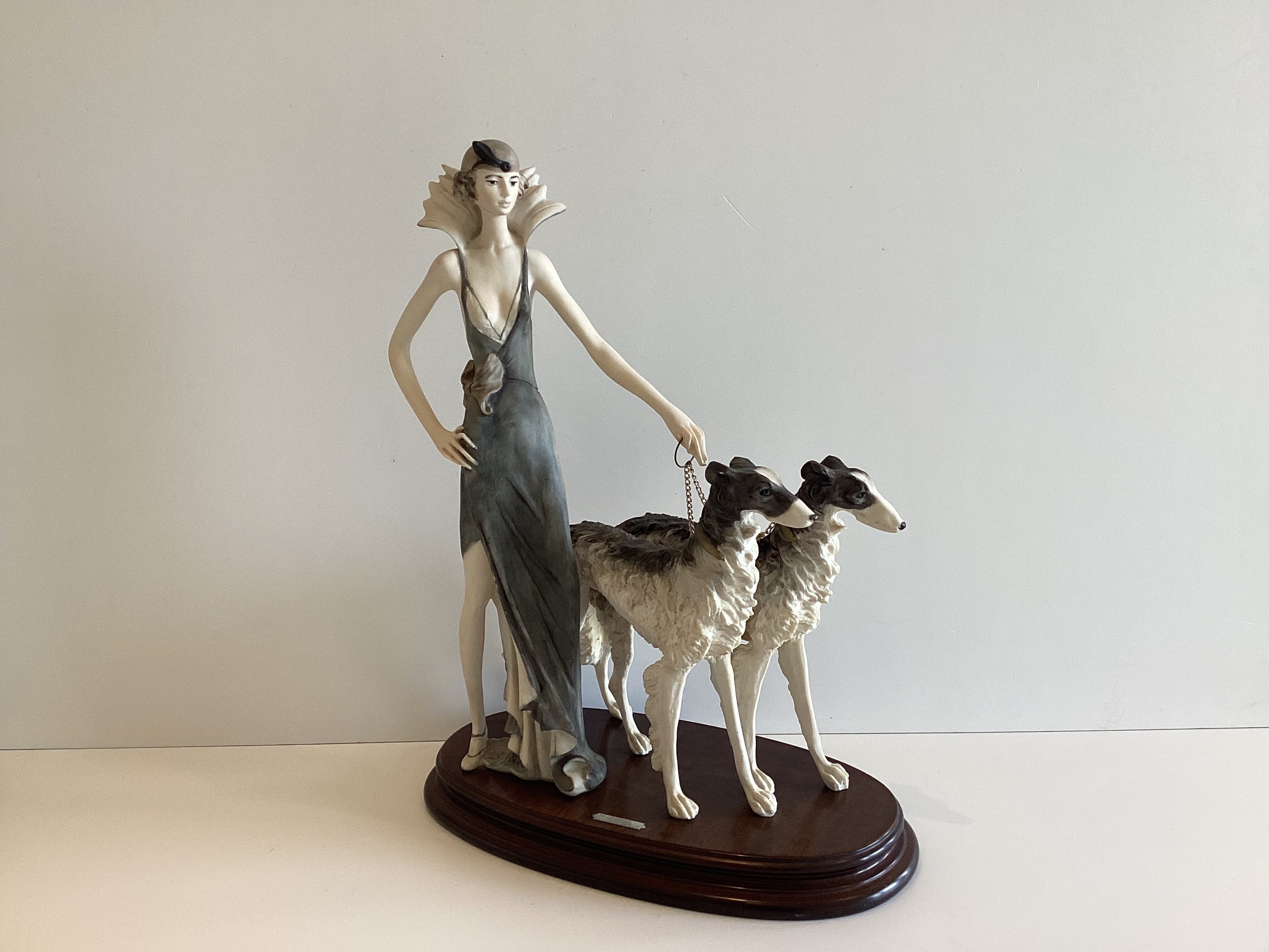 Art Deco Sculpture (1970s) A. Santini Lady with Two Borzoi Dogs, Italian Figurine — photo 2 of 9