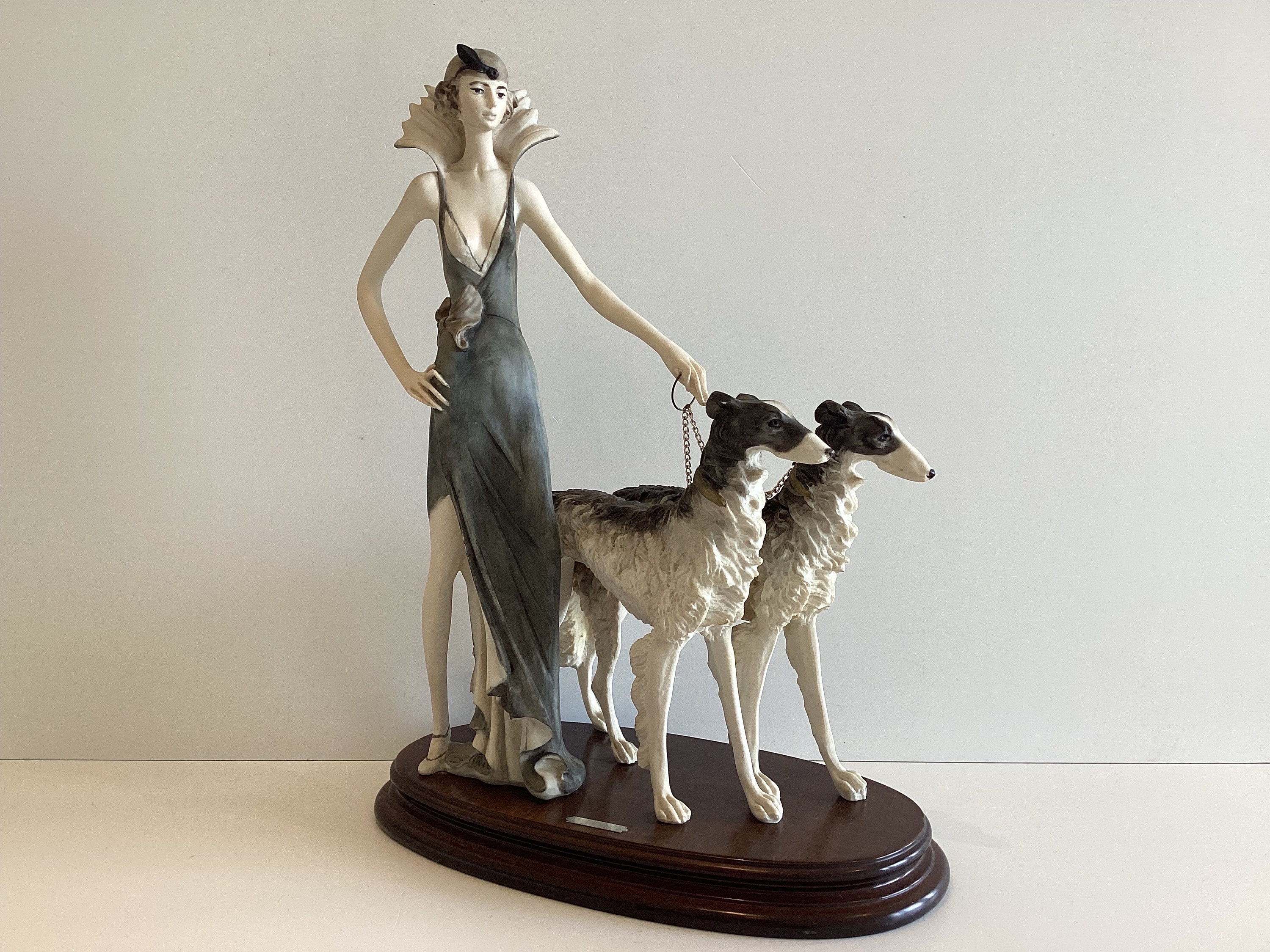 Art Deco Sculpture (1970s) A. Santini Lady with Two Borzoi Dogs, Italian Figurine — photo 3 of 9