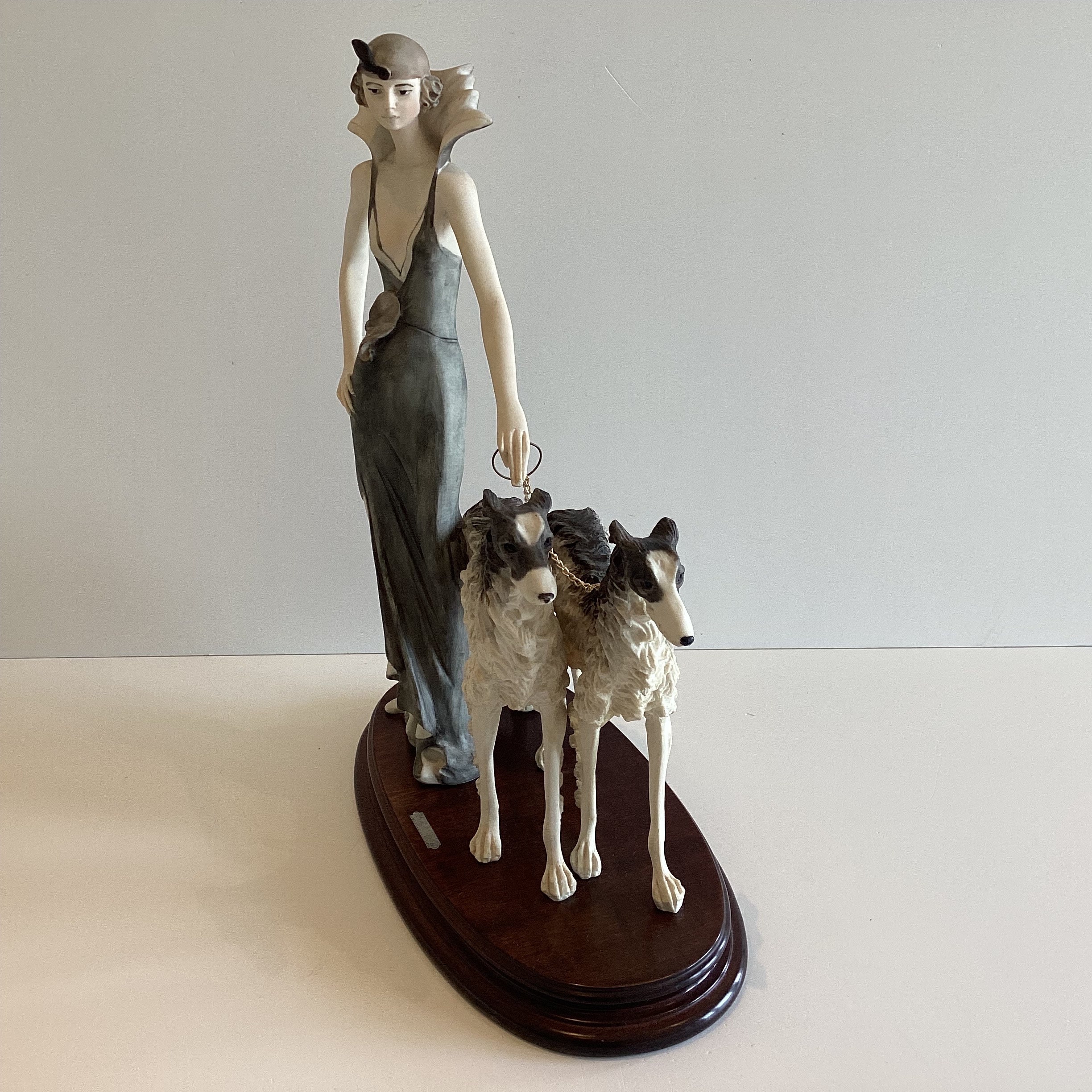 Art Deco Sculpture (1970s) A. Santini Lady with Two Borzoi Dogs, Italian Figurine — photo 4 of 9