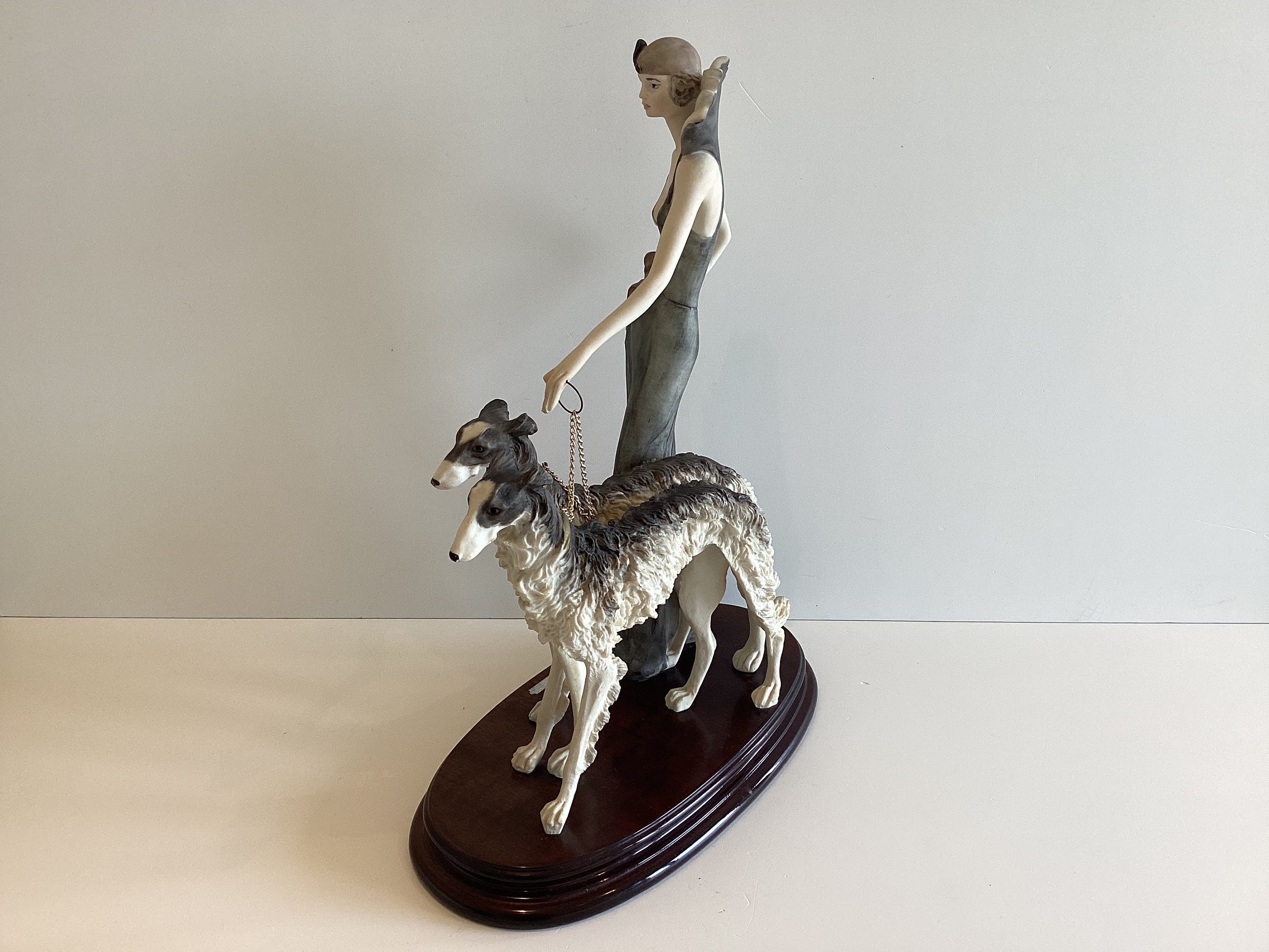 Art Deco Sculpture (1970s) A. Santini Lady with Two Borzoi Dogs, Italian Figurine — photo 5 of 9
