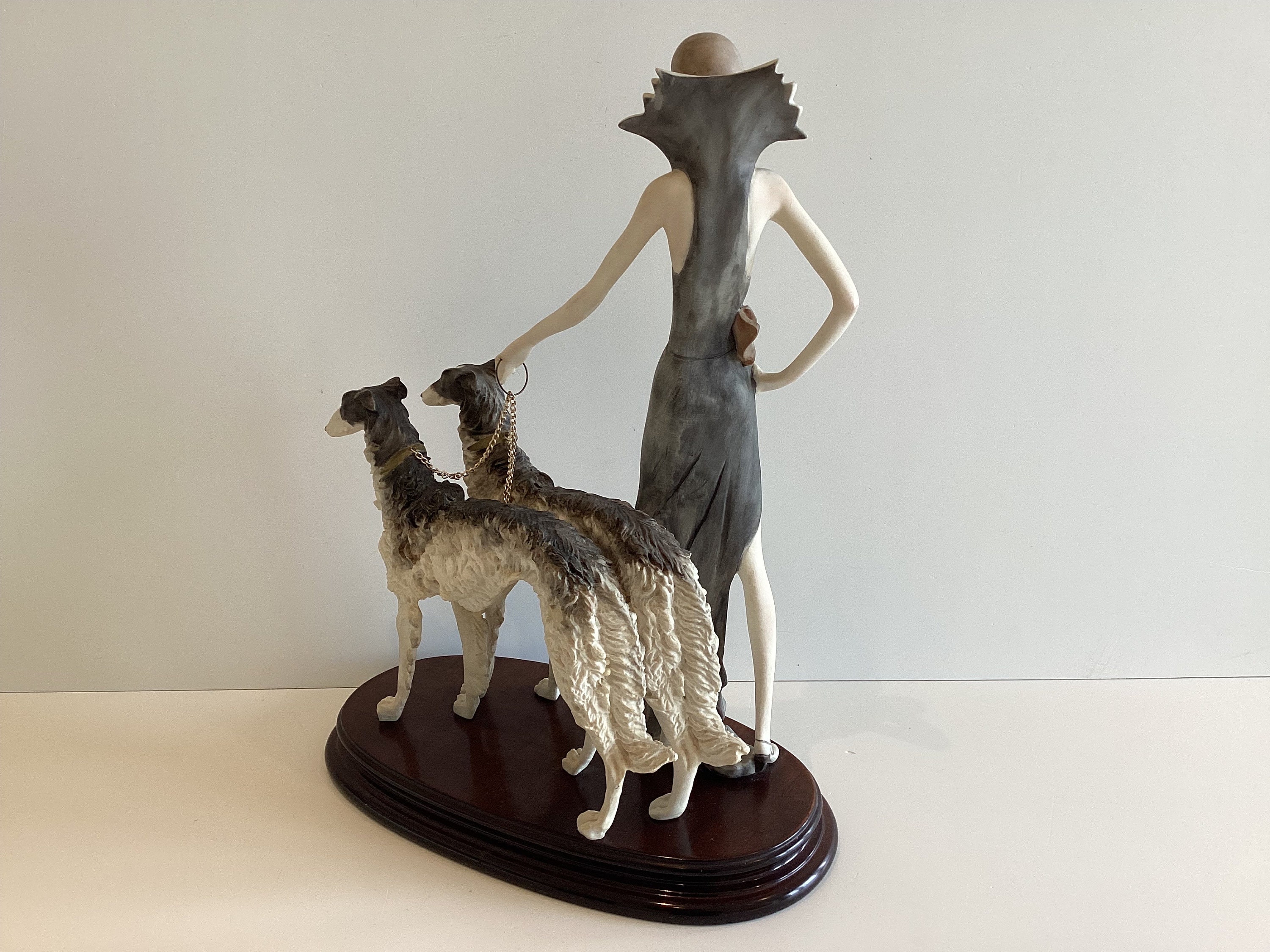 Art Deco Sculpture (1970s) A. Santini Lady with Two Borzoi Dogs, Italian Figurine — photo 6 of 9