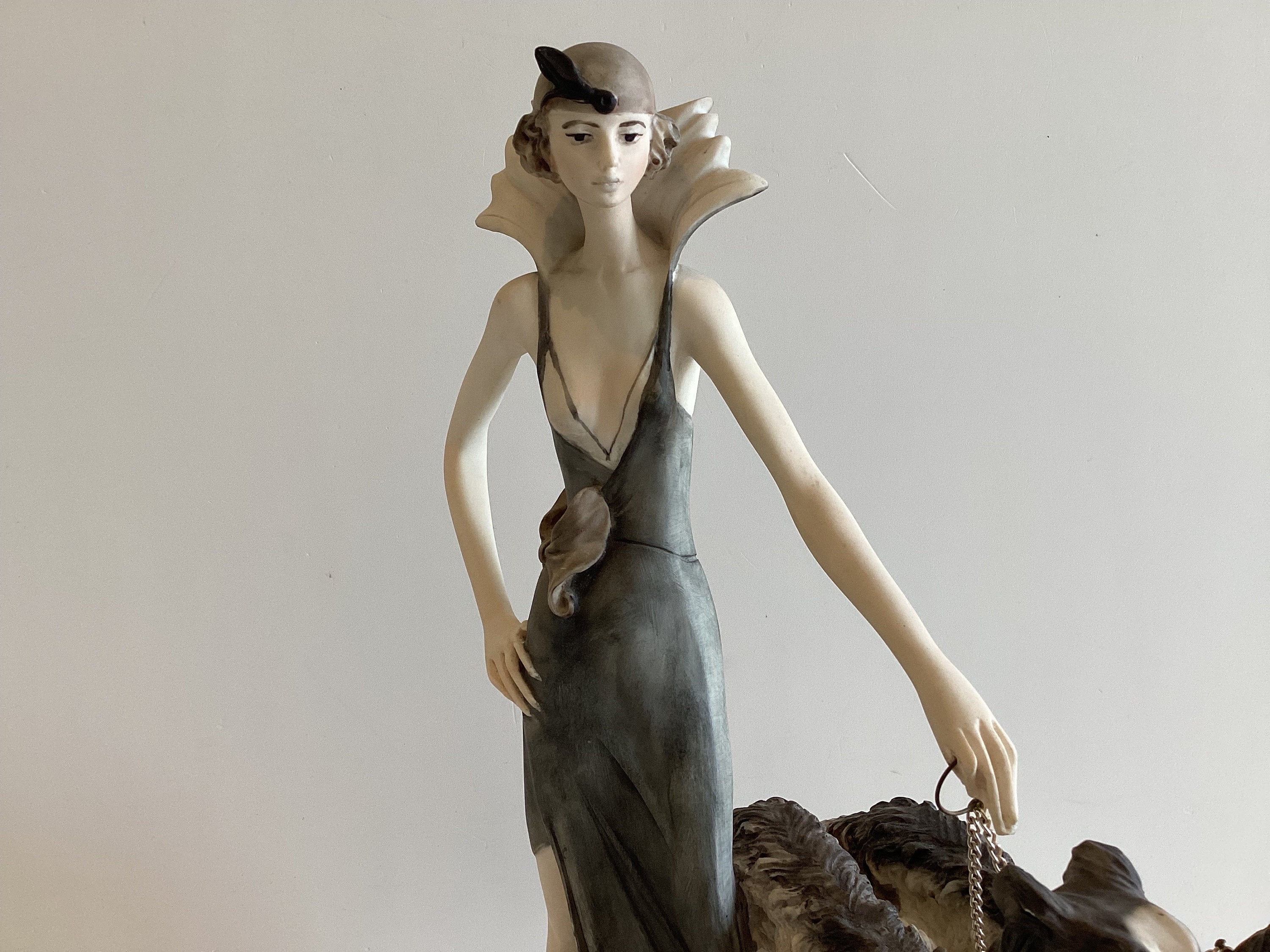 Art Deco Sculpture (1970s) A. Santini Lady with Two Borzoi Dogs, Italian Figurine — photo 7 of 9