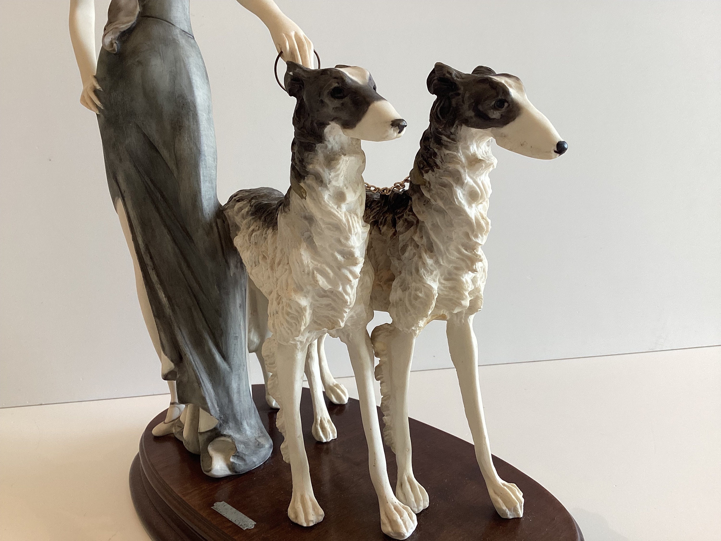 Art Deco Sculpture (1970s) A. Santini Lady with Two Borzoi Dogs, Italian Figurine — photo 8 of 9