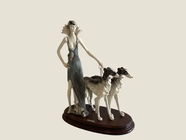 Art Deco Sculpture (1970s) A. Santini Lady with Two Borzoi Dogs, Italian Figurine