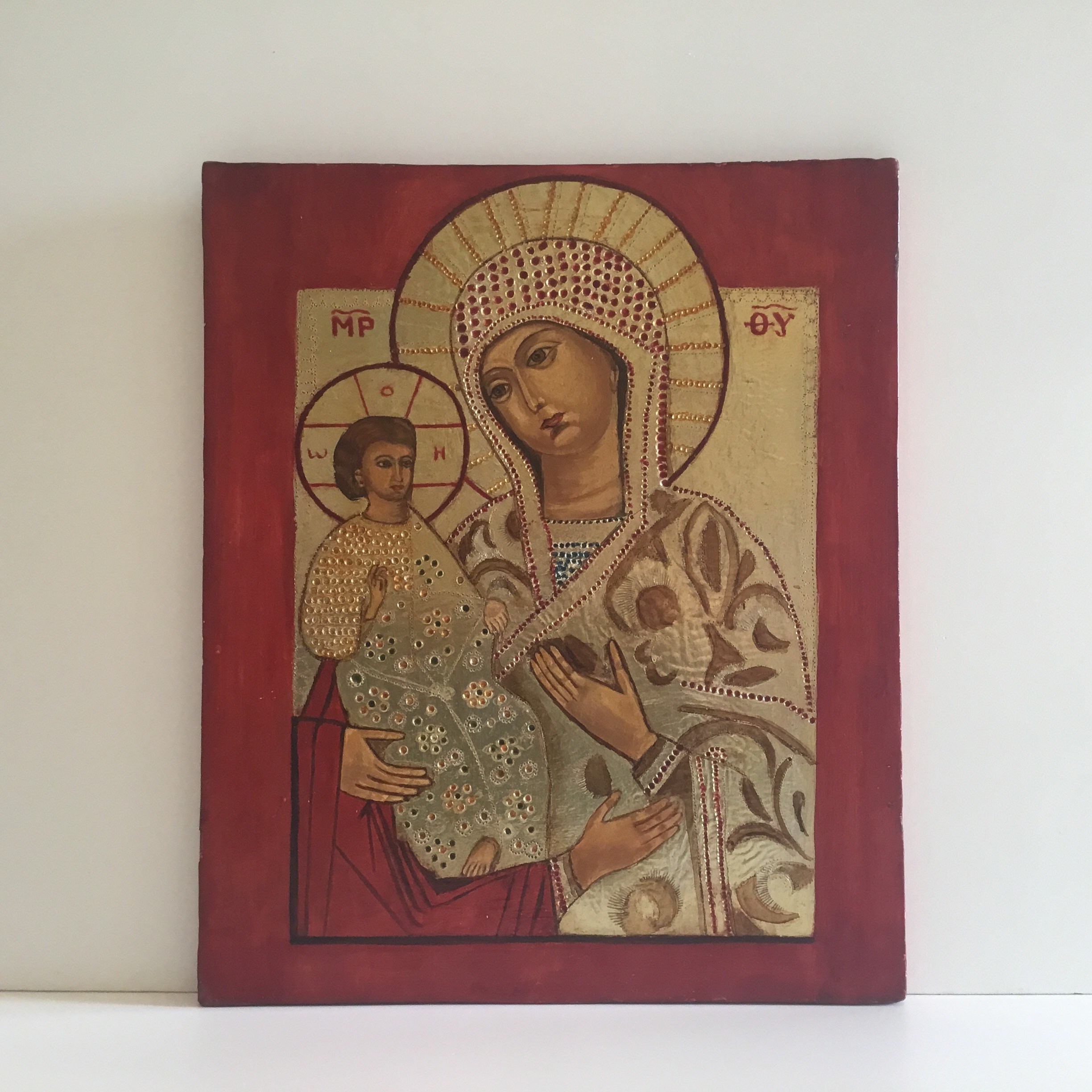 Vintage Icon | 1950s Greek Orthodox Three-Handed Mary, Gold Tempera Art — photo 2 of 7