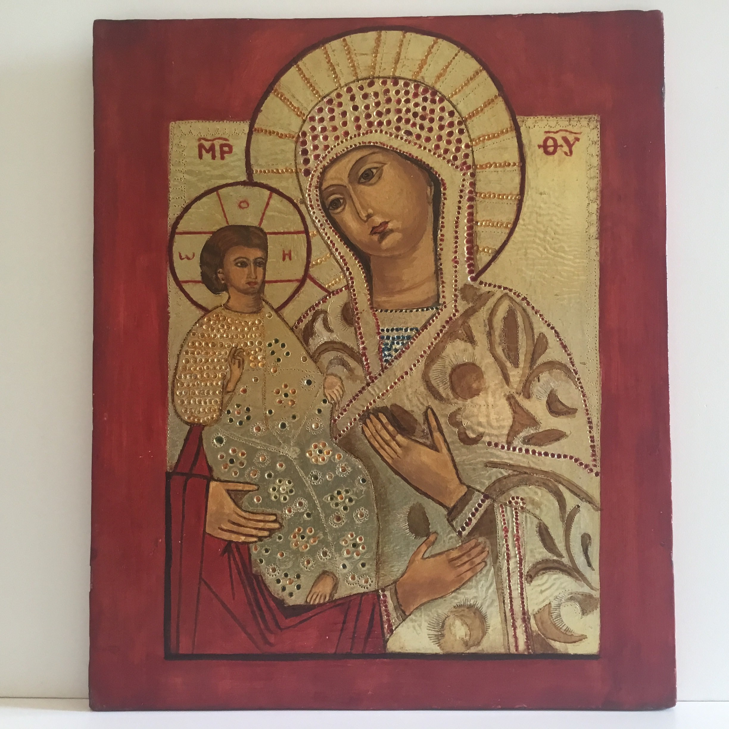 Vintage Icon | 1950s Greek Orthodox Three-Handed Mary, Gold Tempera Art — photo 3 of 7