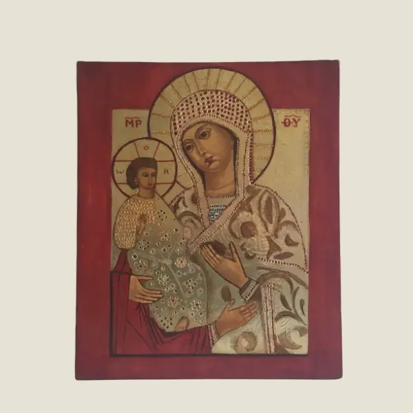 Vintage Icon | 1950s Greek Orthodox Three-Handed Mary, Gold Tempera Art