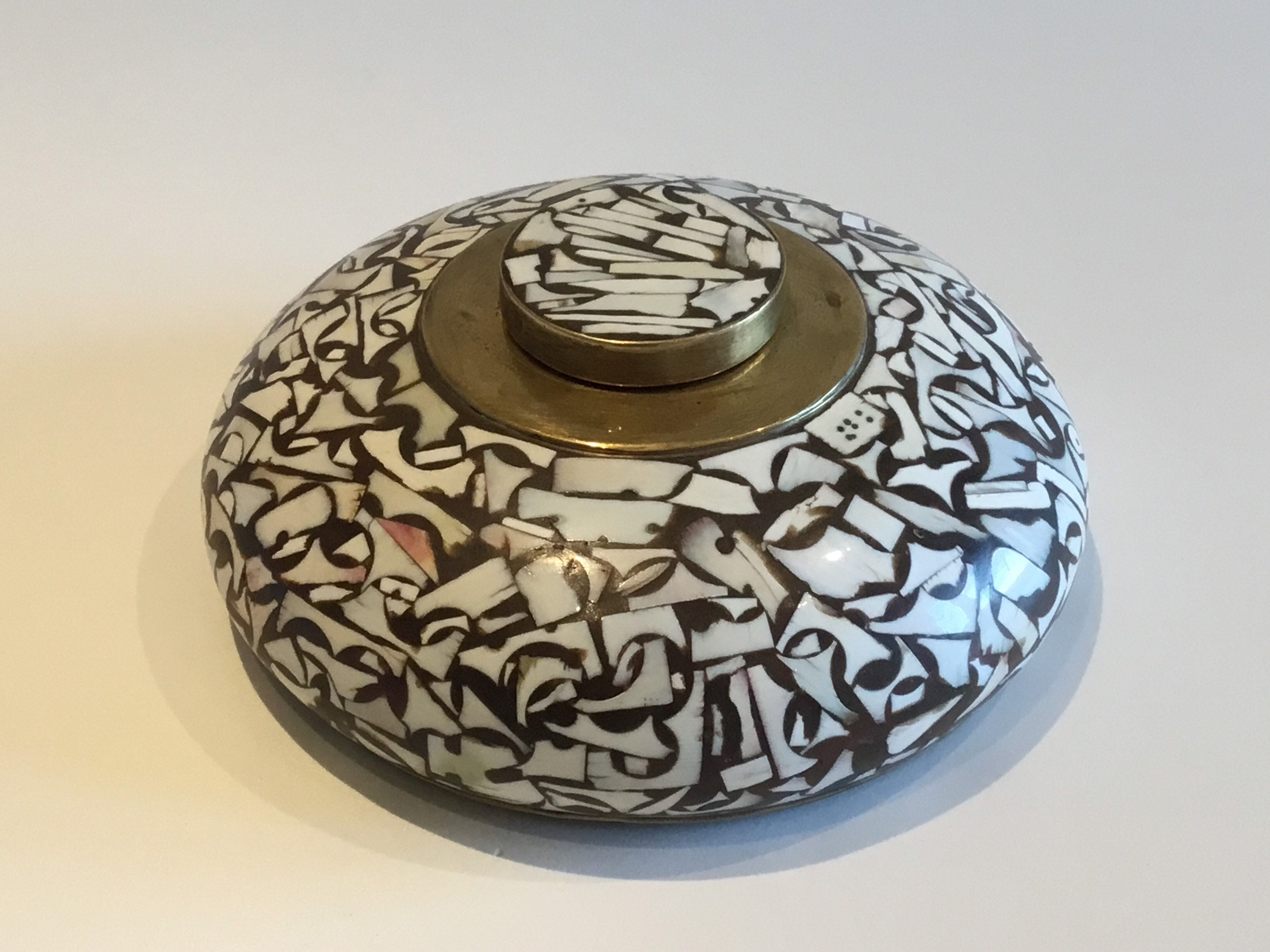 Vintage Indian Bowl | 1930s Hand-Made Precious Mosaic Wood, Brass Fittings — photo 2 of 9