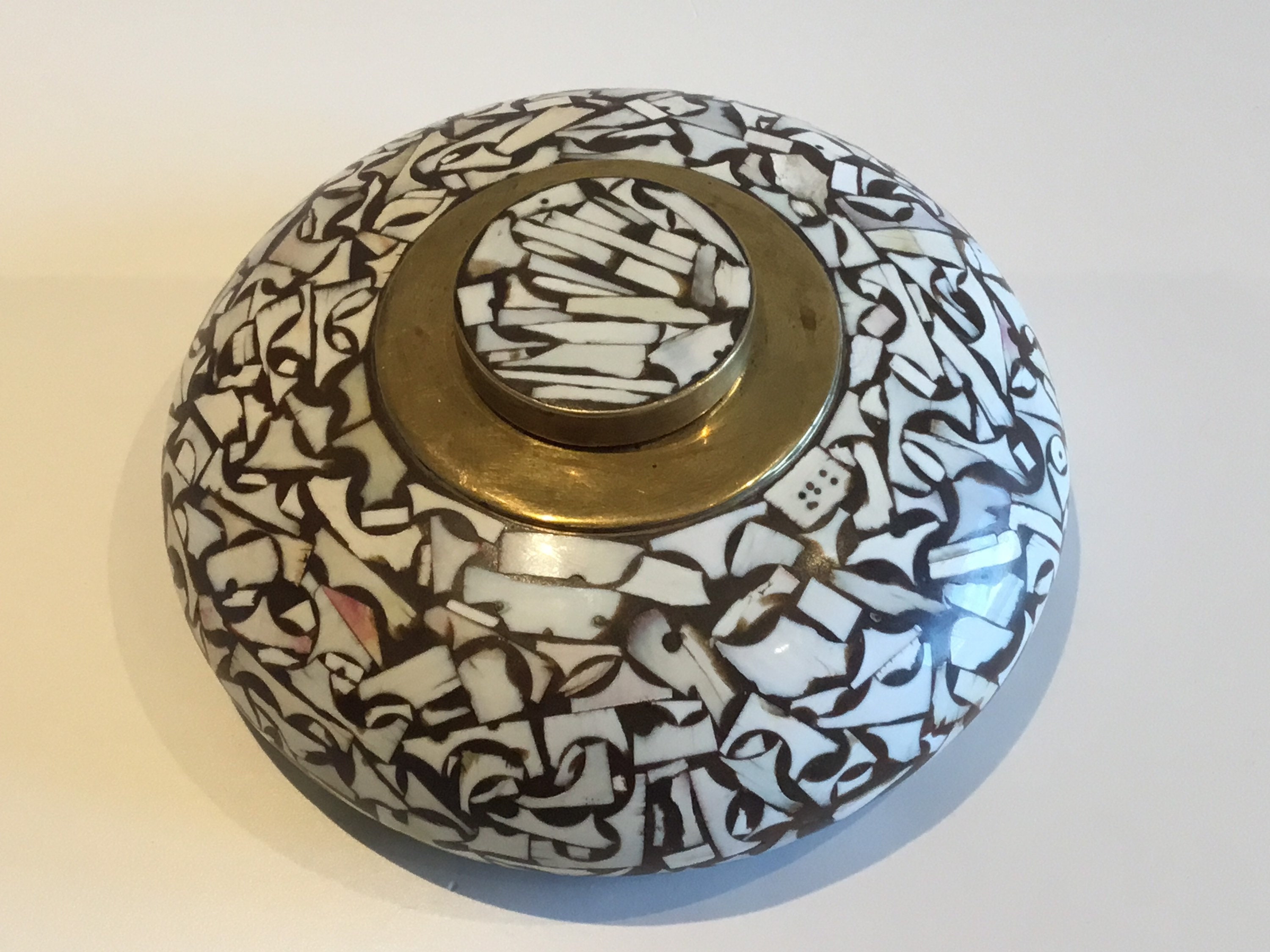 Vintage Indian Bowl | 1930s Hand-Made Precious Mosaic Wood, Brass Fittings — photo 3 of 9