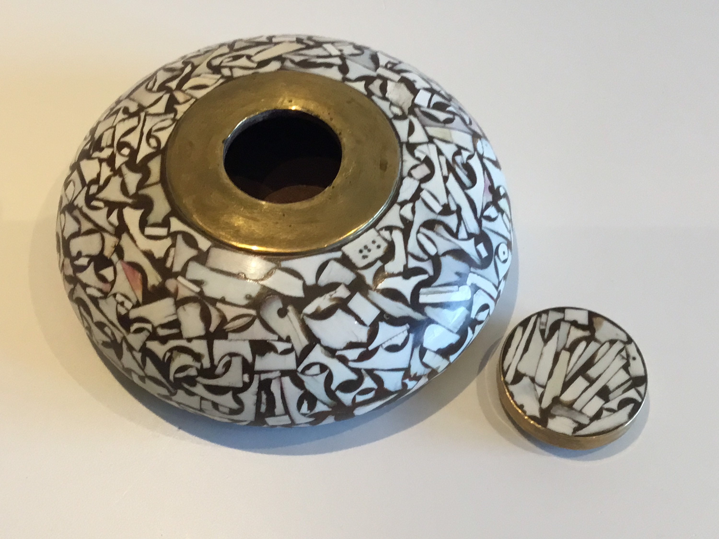 Vintage Indian Bowl | 1930s Hand-Made Precious Mosaic Wood, Brass Fittings — photo 4 of 9