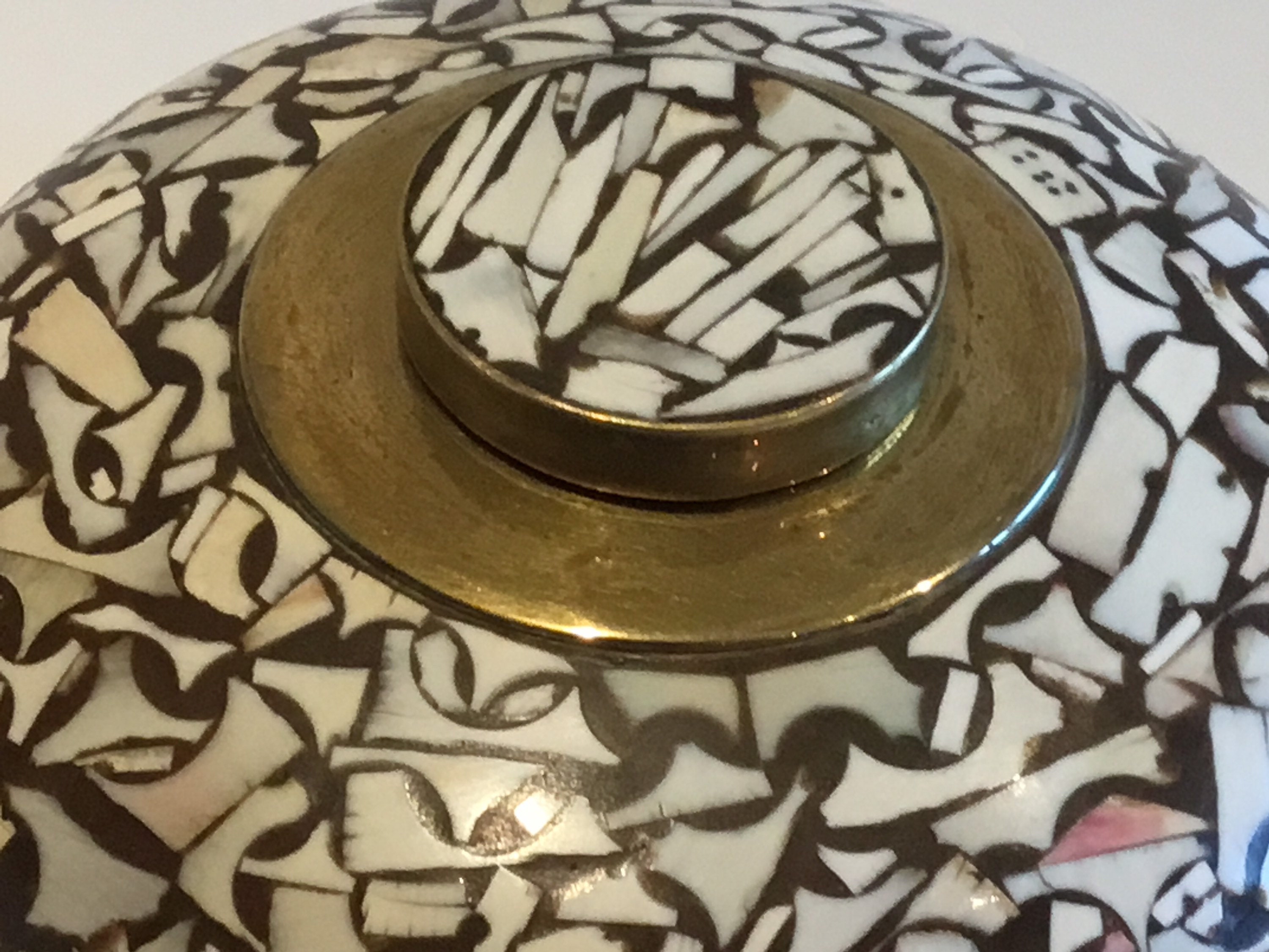 Vintage Indian Bowl | 1930s Hand-Made Precious Mosaic Wood, Brass Fittings — photo 6 of 9