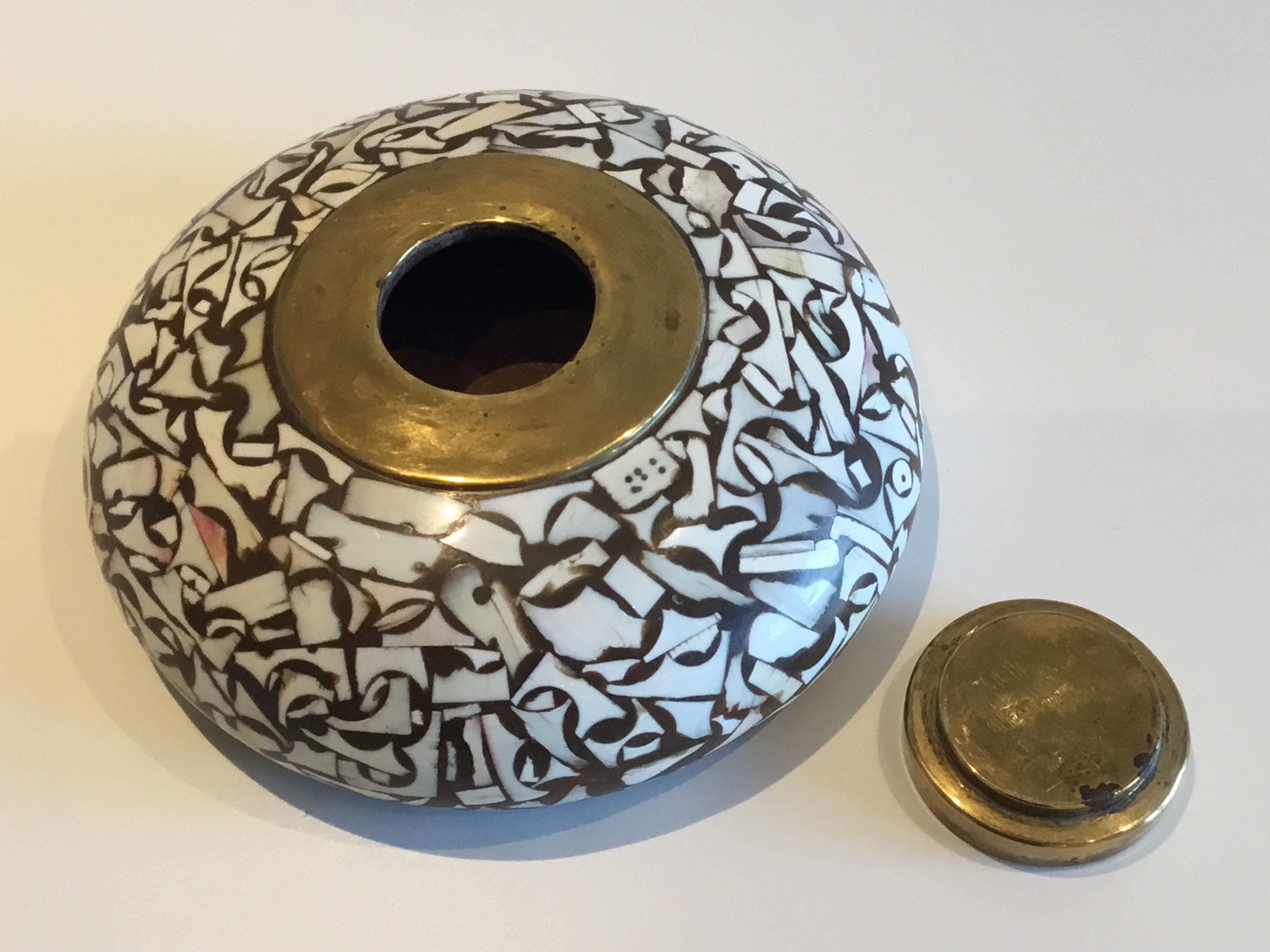 Vintage Indian Bowl | 1930s Hand-Made Precious Mosaic Wood, Brass Fittings — photo 7 of 9