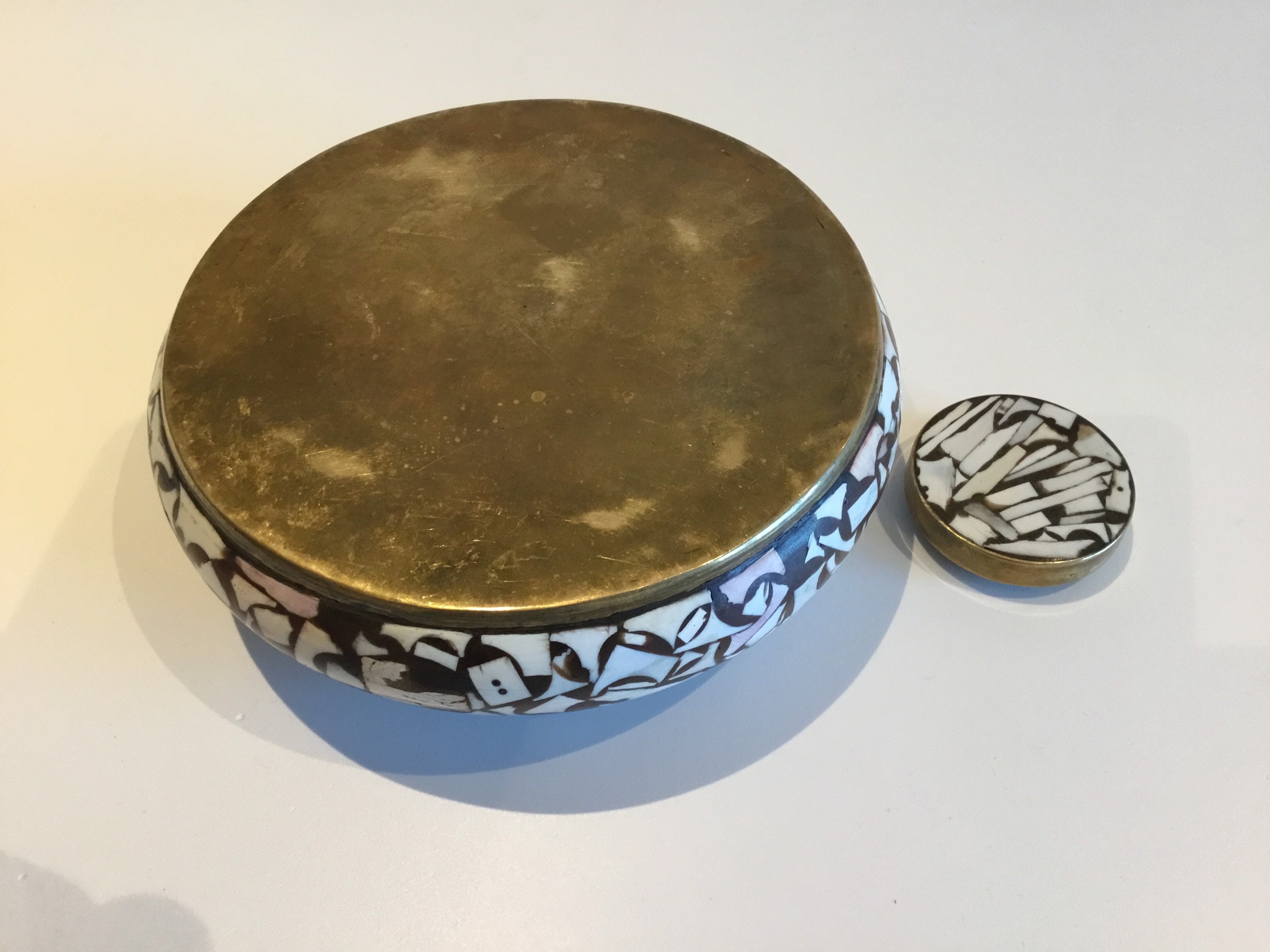Vintage Indian Bowl | 1930s Hand-Made Precious Mosaic Wood, Brass Fittings — photo 8 of 9