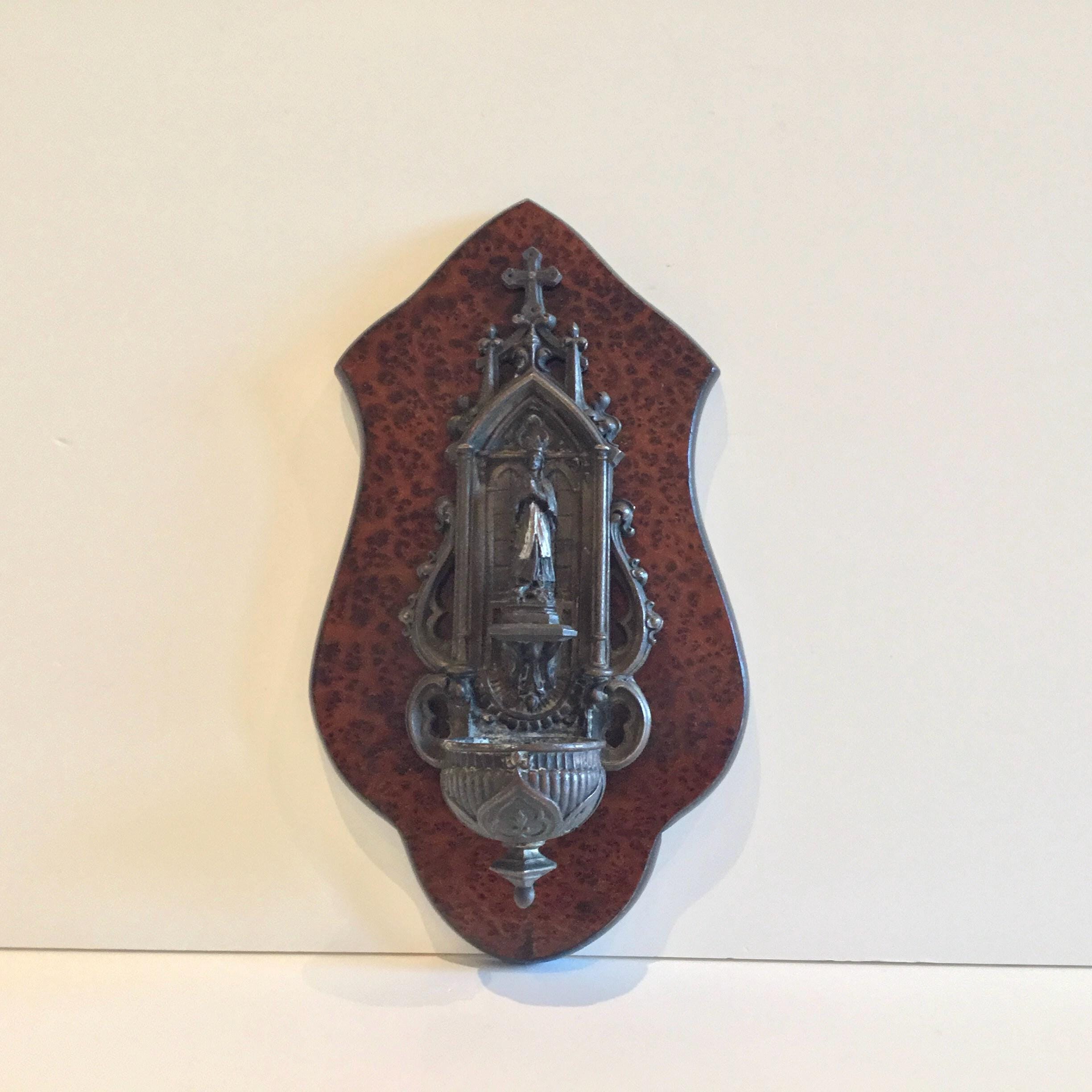 Antique Bronze Madonna | 1900s French Holy Water Font, Wall Mount Religious Art — photo 2 of 10