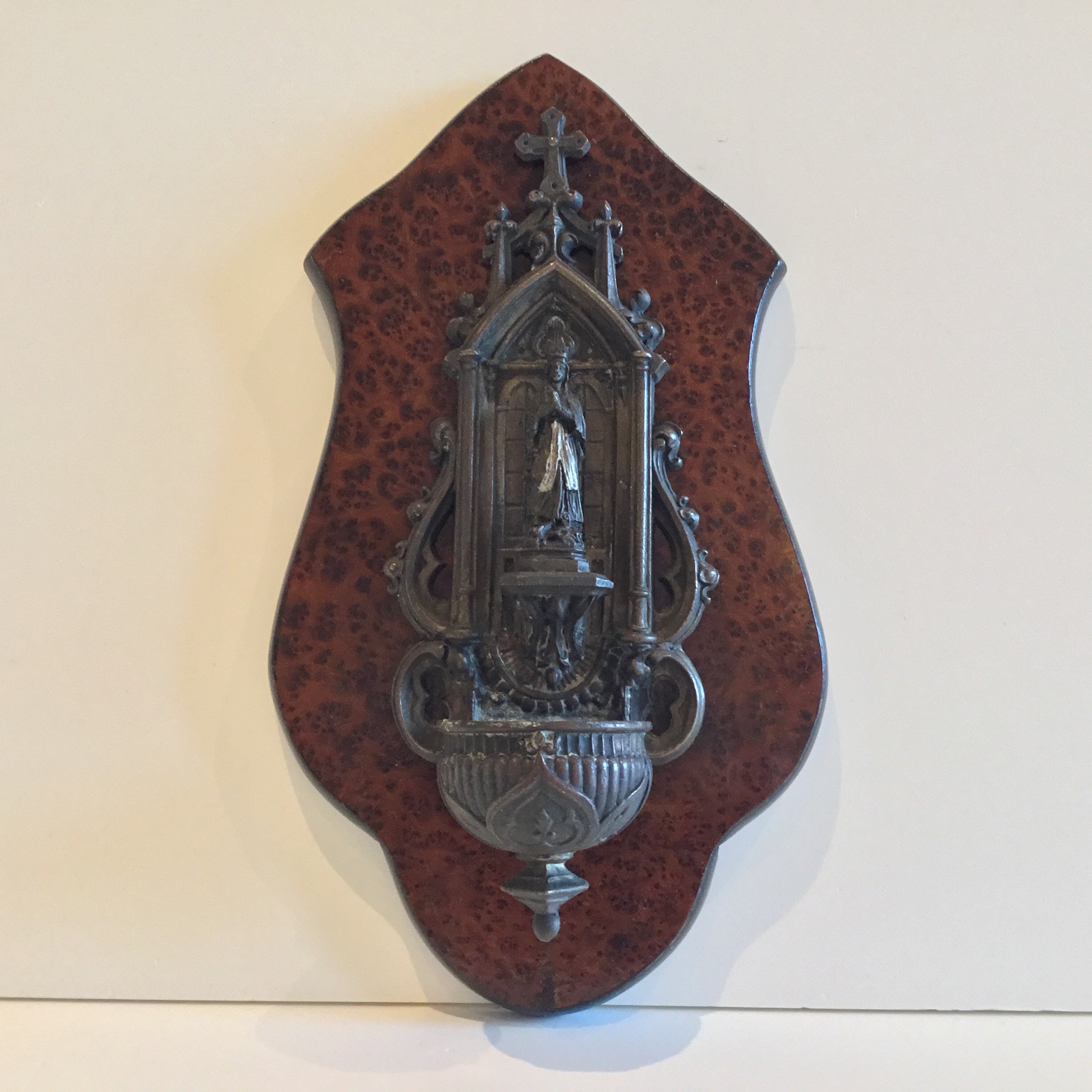 Antique Bronze Madonna | 1900s French Holy Water Font, Wall Mount Religious Art — photo 3 of 10