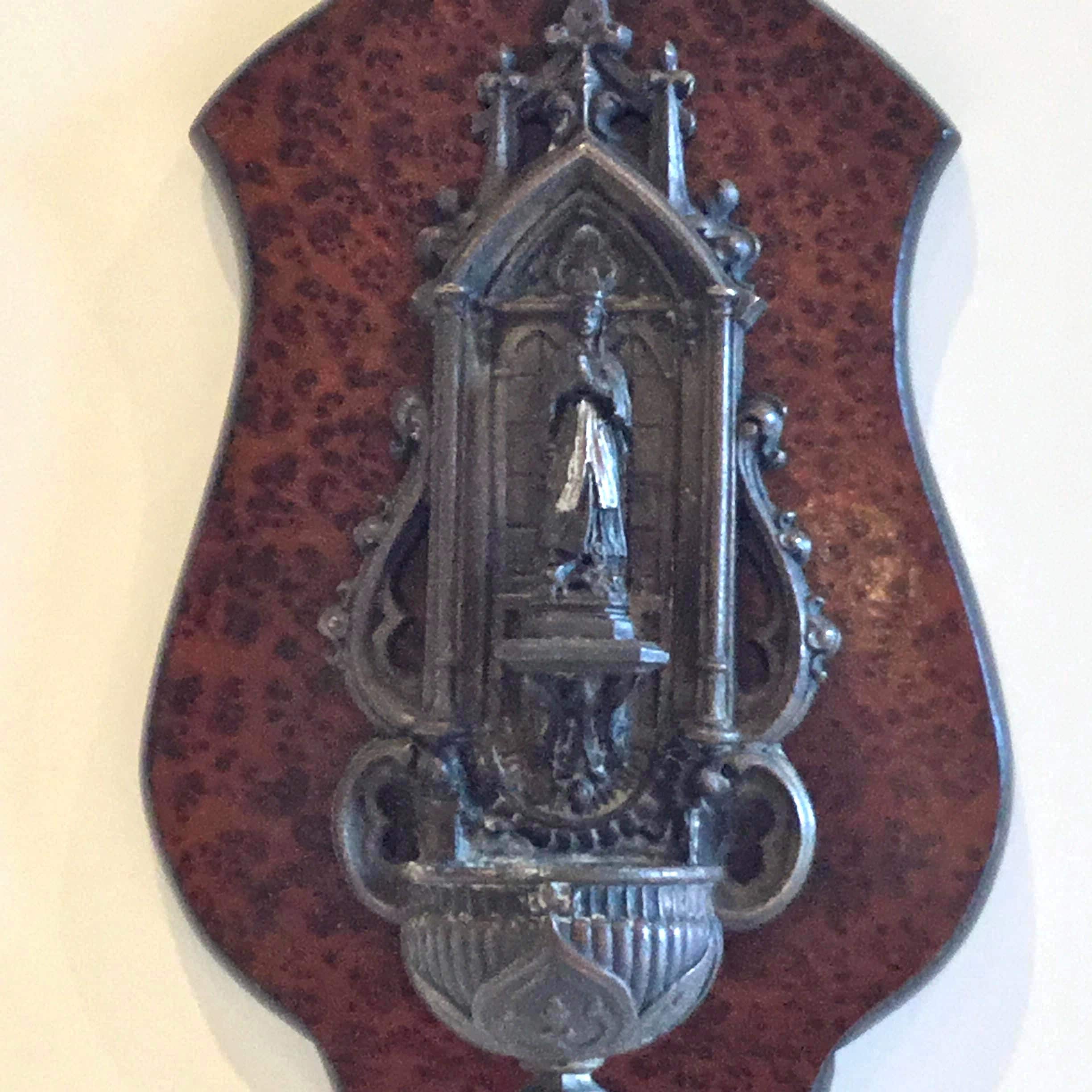 Antique Bronze Madonna | 1900s French Holy Water Font, Wall Mount Religious Art — photo 4 of 10