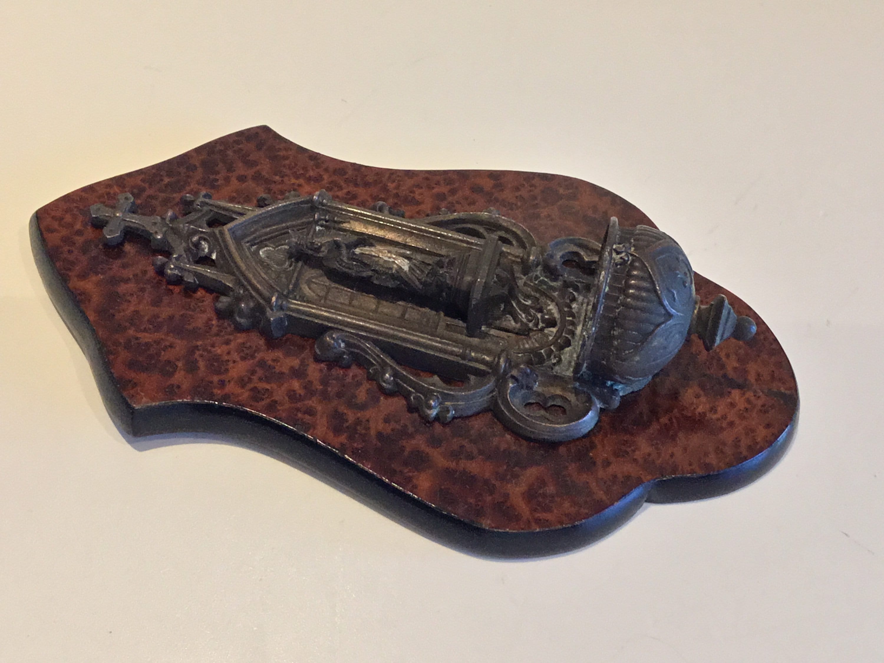 Antique Bronze Madonna | 1900s French Holy Water Font, Wall Mount Religious Art — photo 6 of 10