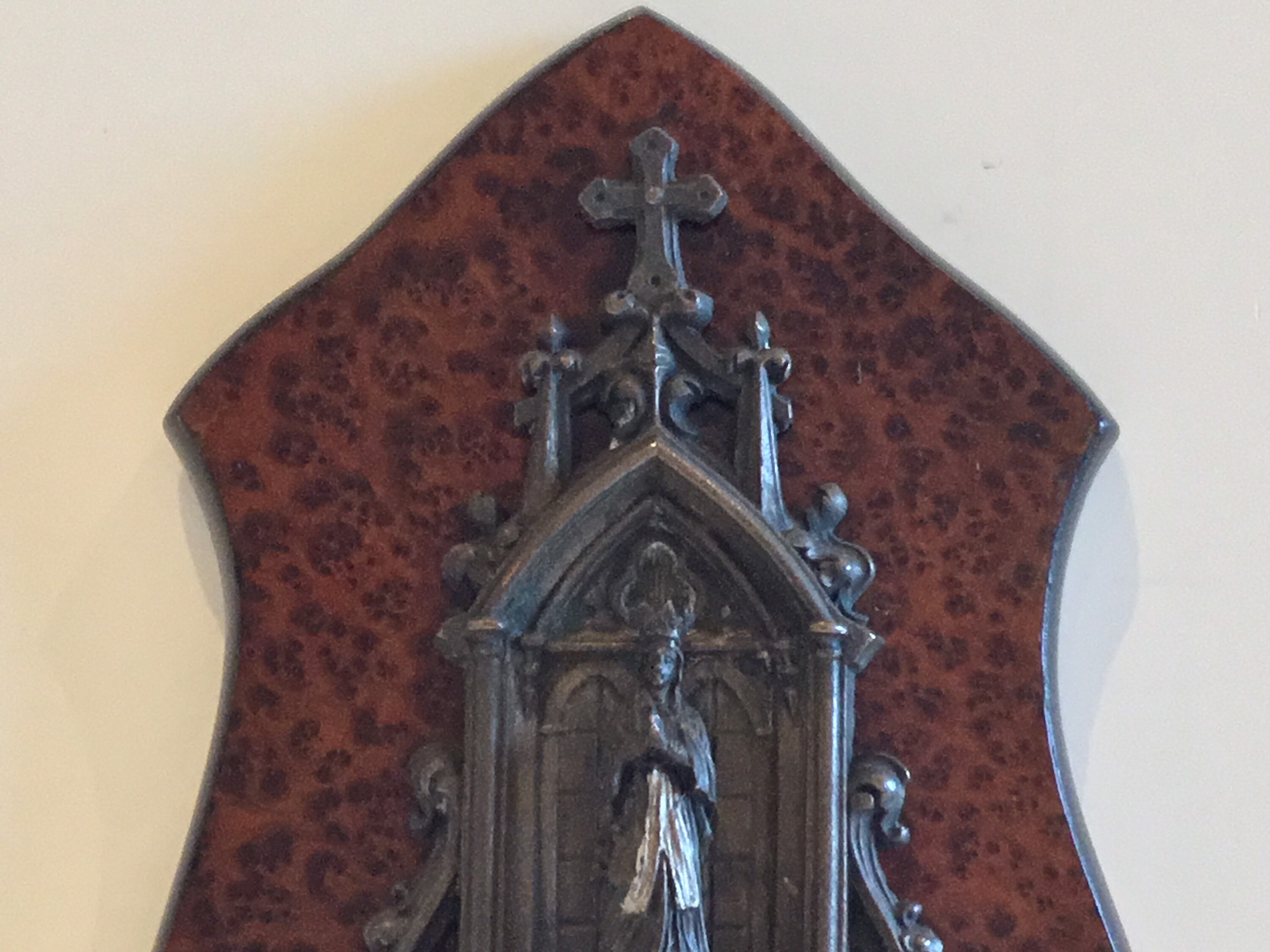 Antique Bronze Madonna | 1900s French Holy Water Font, Wall Mount Religious Art — photo 7 of 10