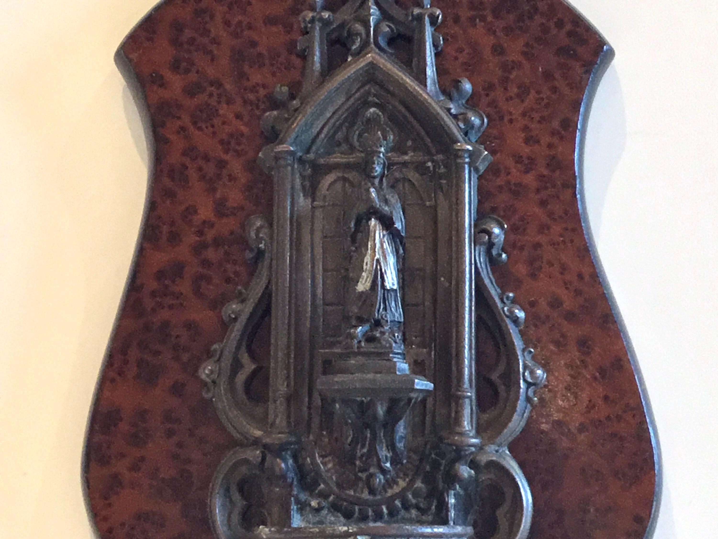 Antique Bronze Madonna | 1900s French Holy Water Font, Wall Mount Religious Art — photo 8 of 10
