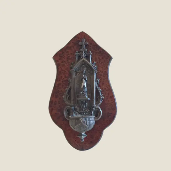 Antique Bronze Madonna | 1900s French Holy Water Font, Wall Mount Religious Art