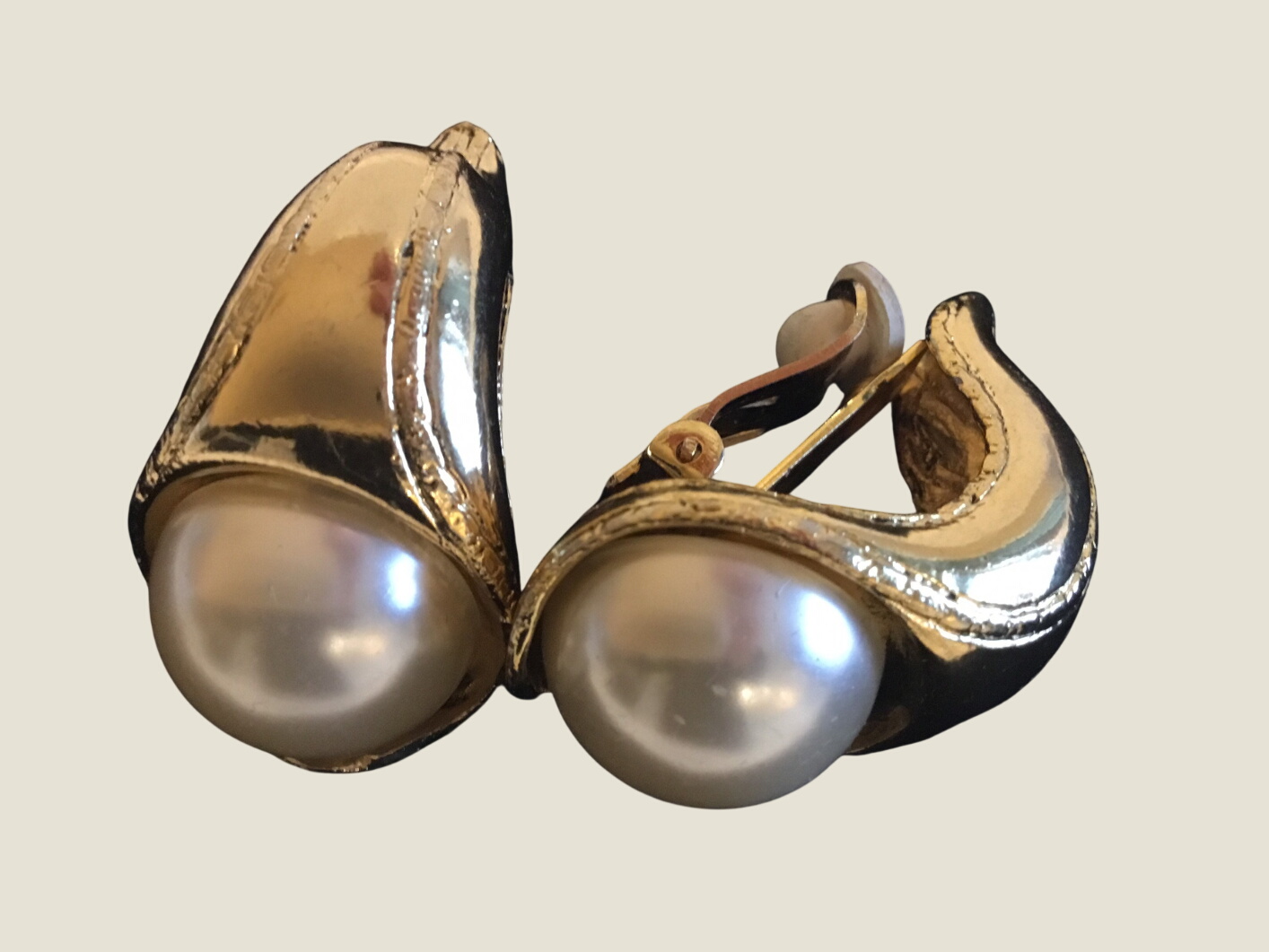 Vintage Earrings | 1980s Chorange Paris Gold Plated, Faux Pearl Statement