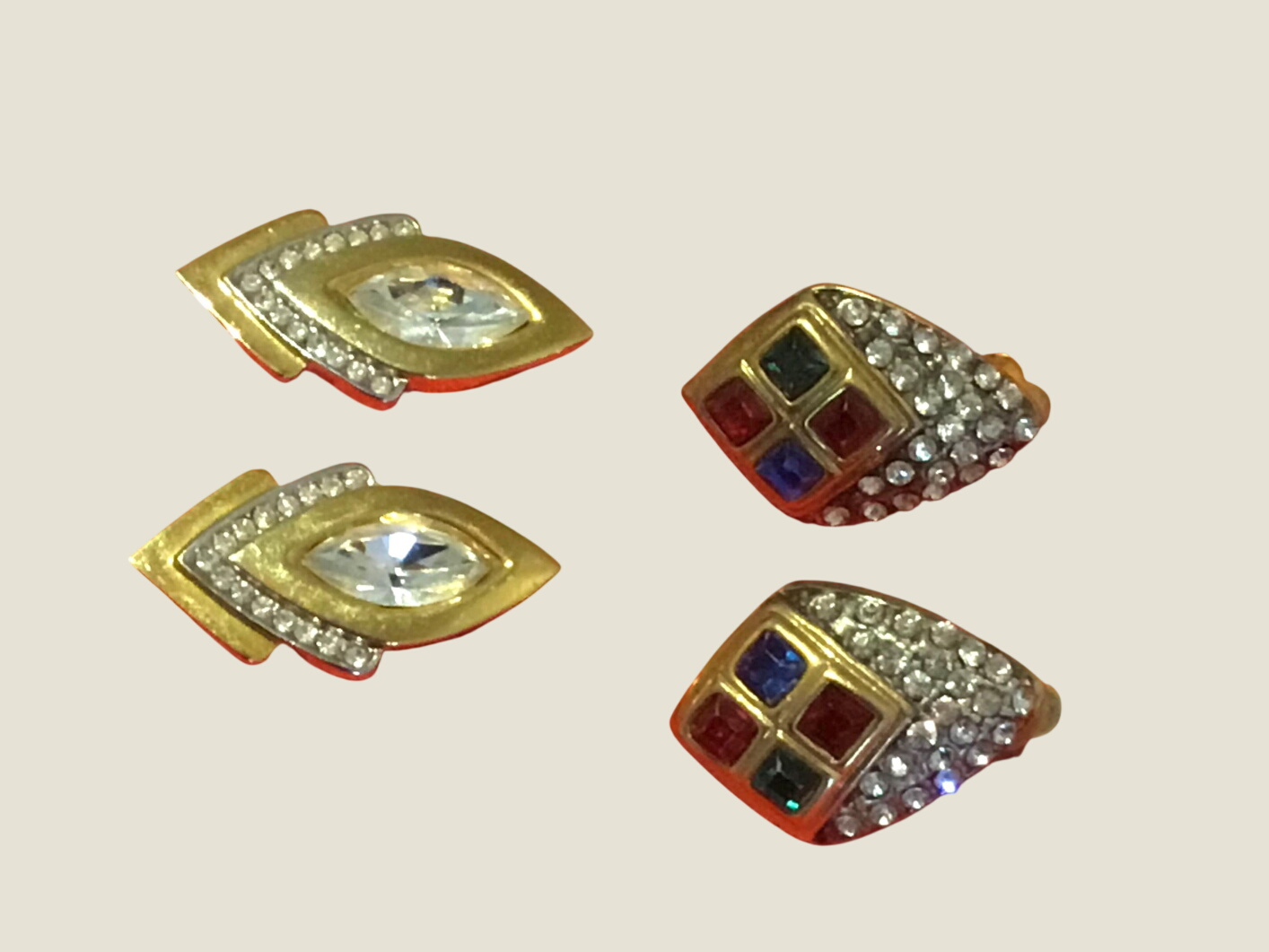 Vintage Earrings | 1990s French Gold Plated Set, Crystal Accent Pair