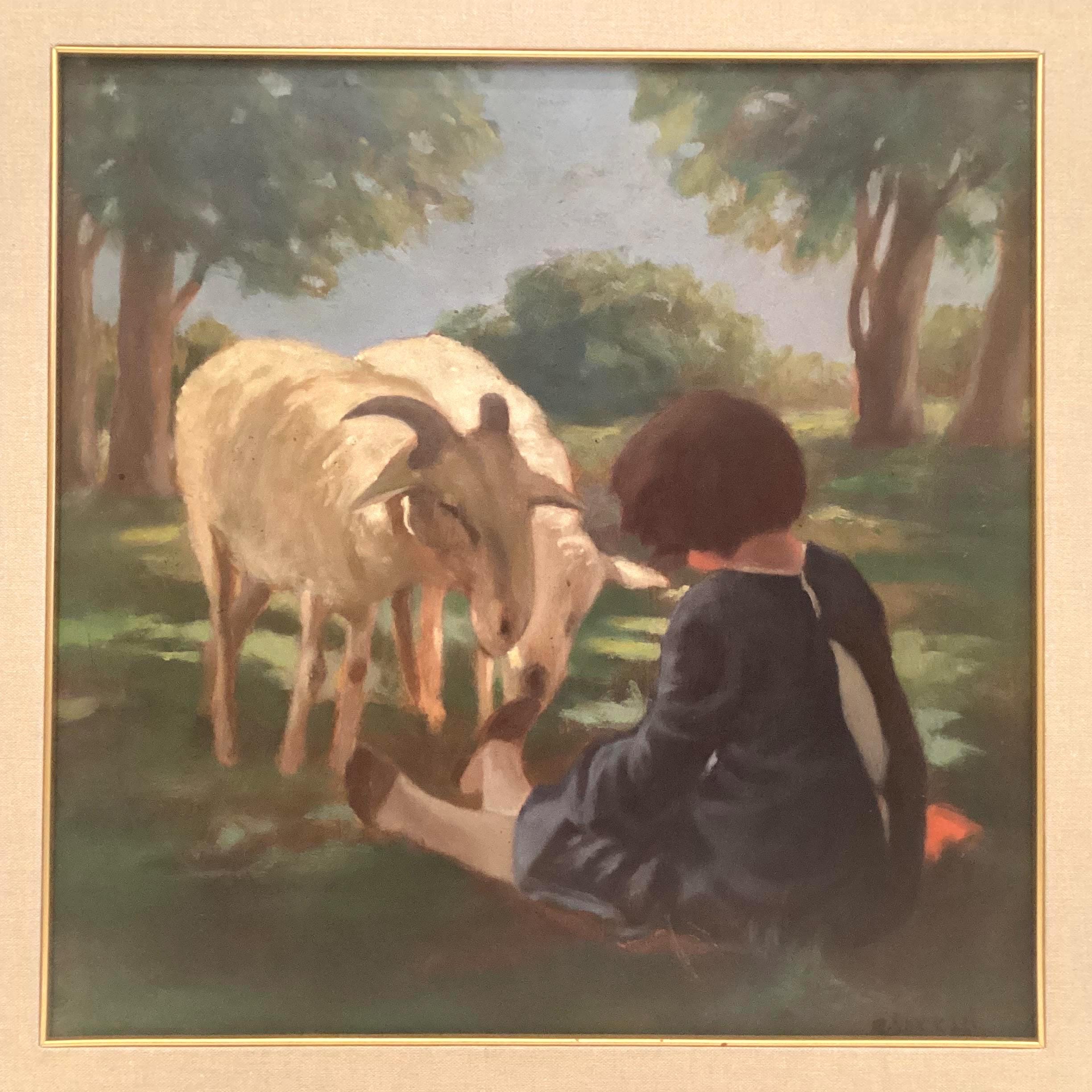 Vintage Oil Painting | Alfredo Soressi Italian School, 1960s Goats & Girl Scene — photo 4 of 10