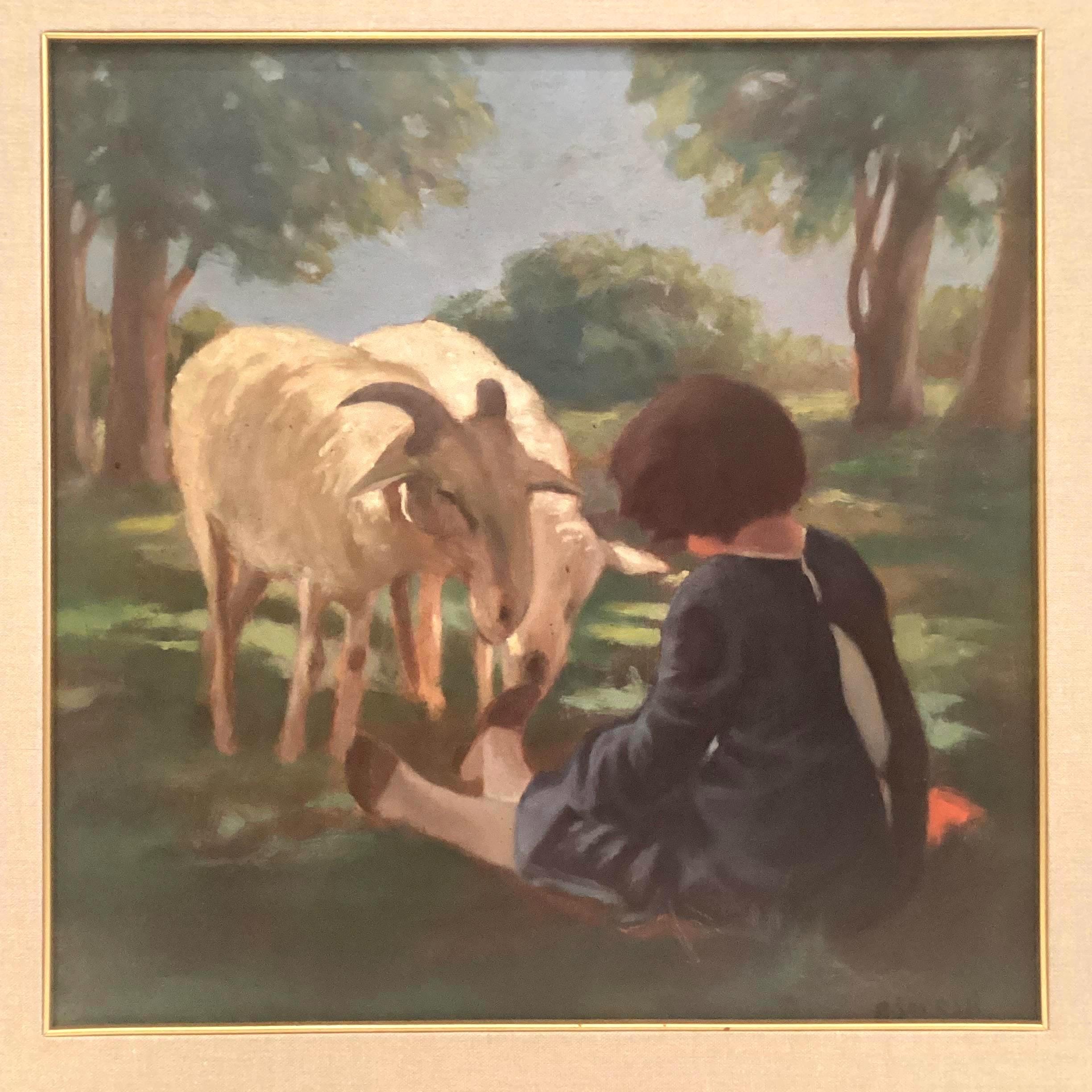 Vintage Oil Painting | Alfredo Soressi Italian School, 1960s Goats & Girl Scene — photo 5 of 10
