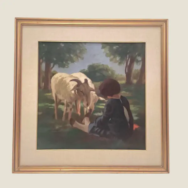 Vintage Oil Painting | Alfredo Soressi Italian School, 1960s Goats & Girl Scene