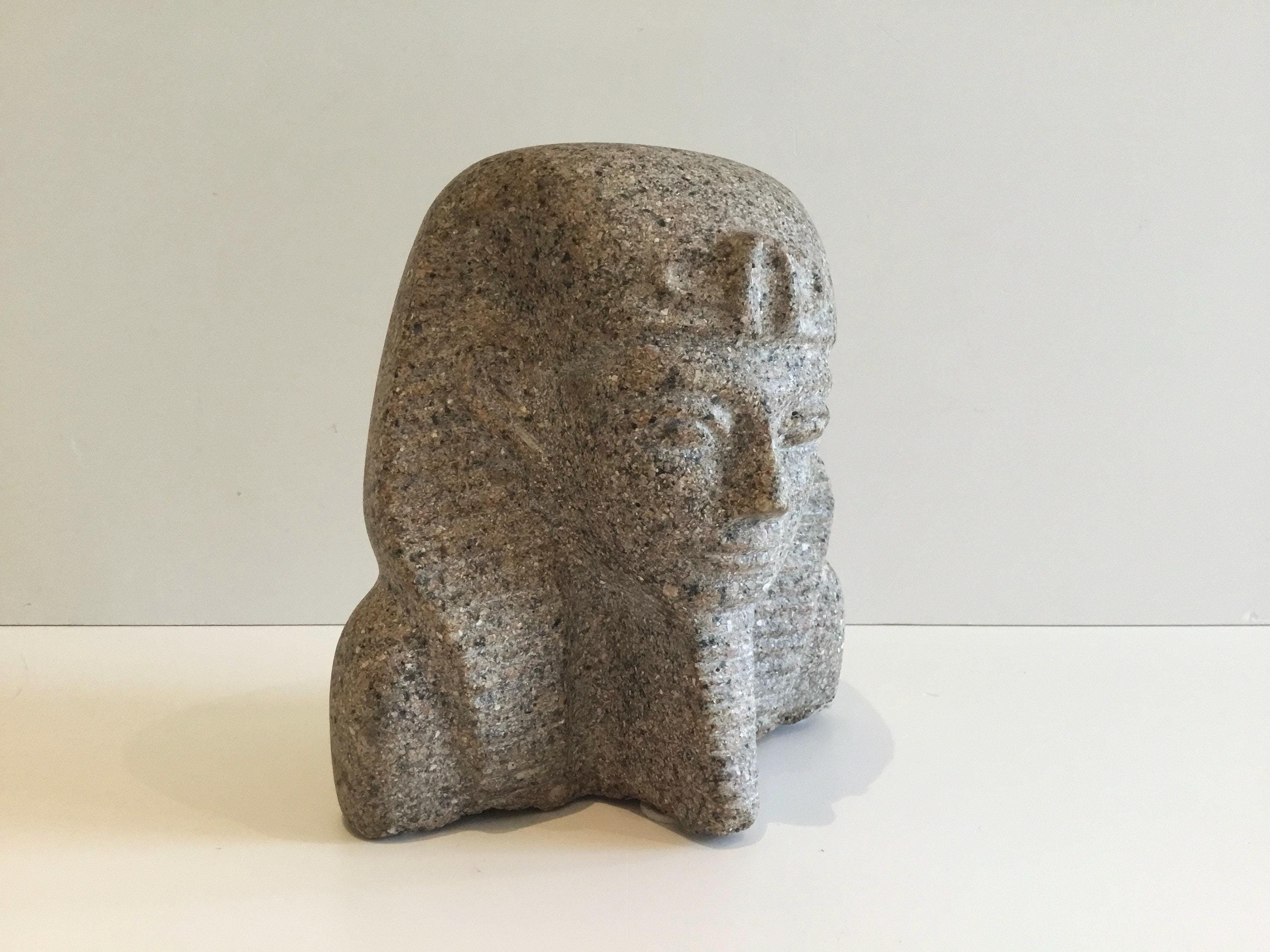 Vintage Stone Bust | 1970s Pharaoh Sculpture Pink Granite, Hand-Carved Egyptian Art — photo 2 of 7