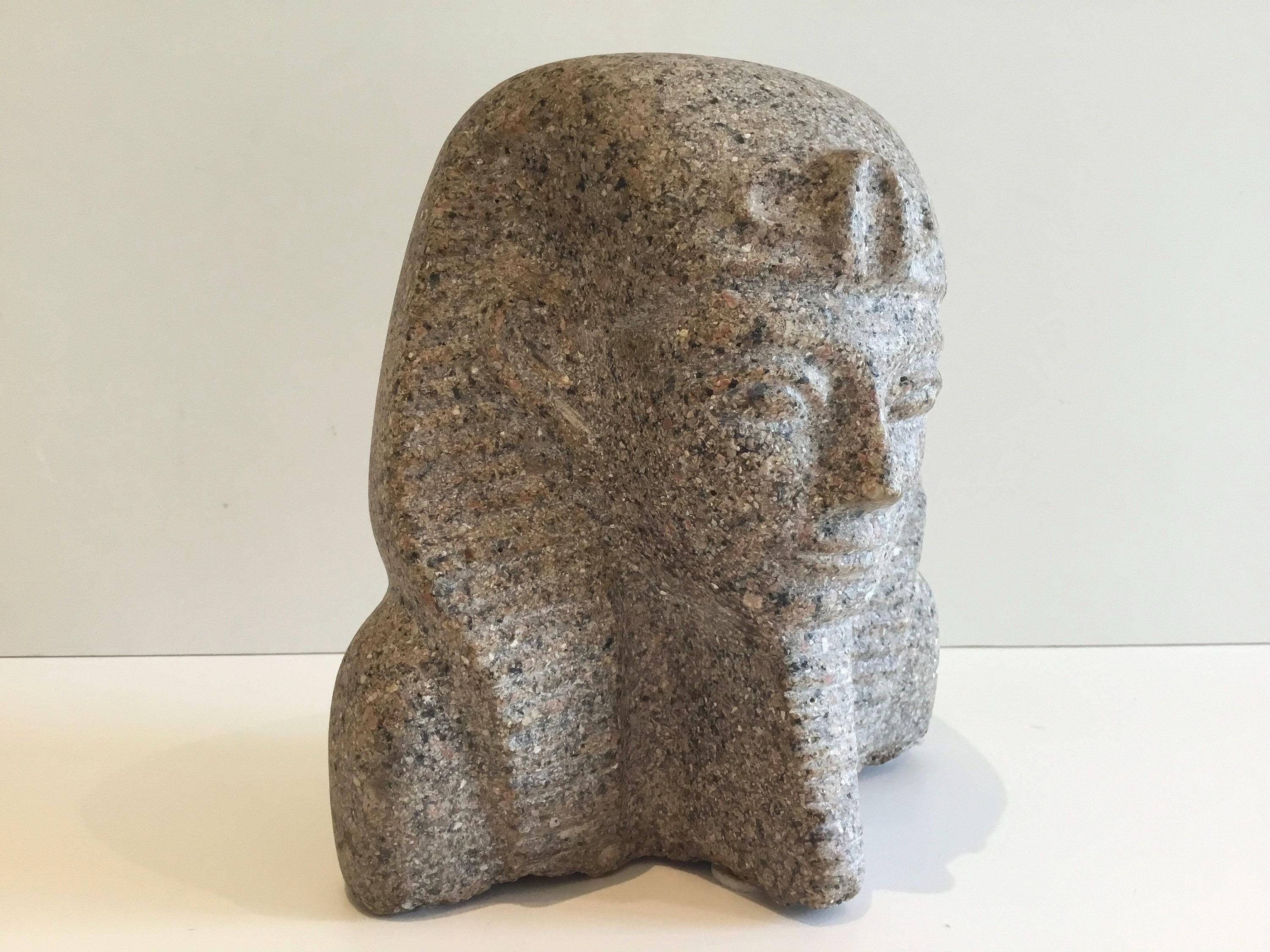 Vintage Stone Bust | 1970s Pharaoh Sculpture Pink Granite, Hand-Carved Egyptian Art — photo 3 of 7