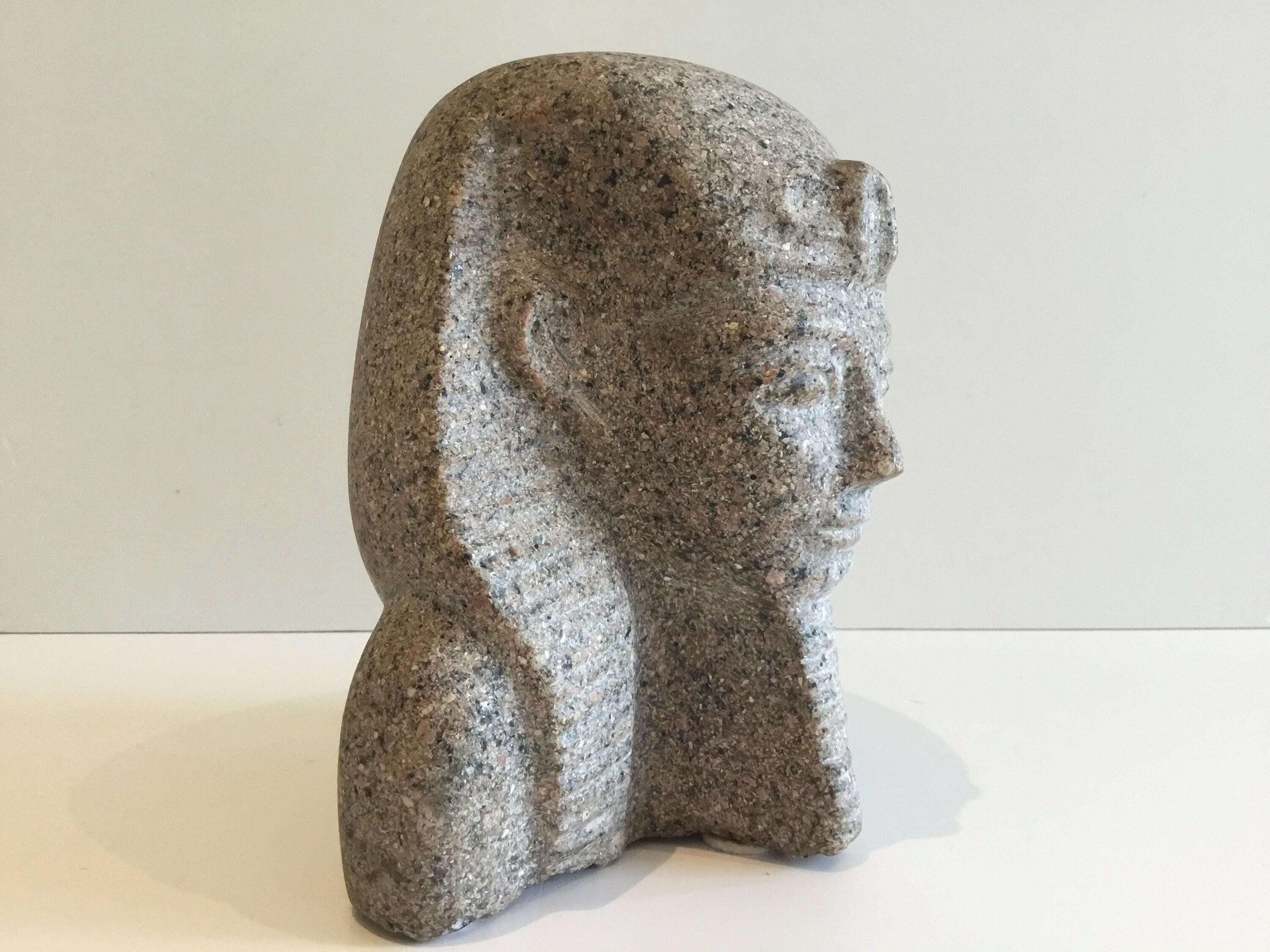 Vintage Stone Bust | 1970s Pharaoh Sculpture Pink Granite, Hand-Carved Egyptian Art — photo 4 of 7