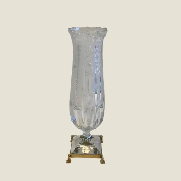 Vintage Bohemian Crystal Vase | 1950s Hand-Cut, Gold Metal Pedestal, Czechoslovakia