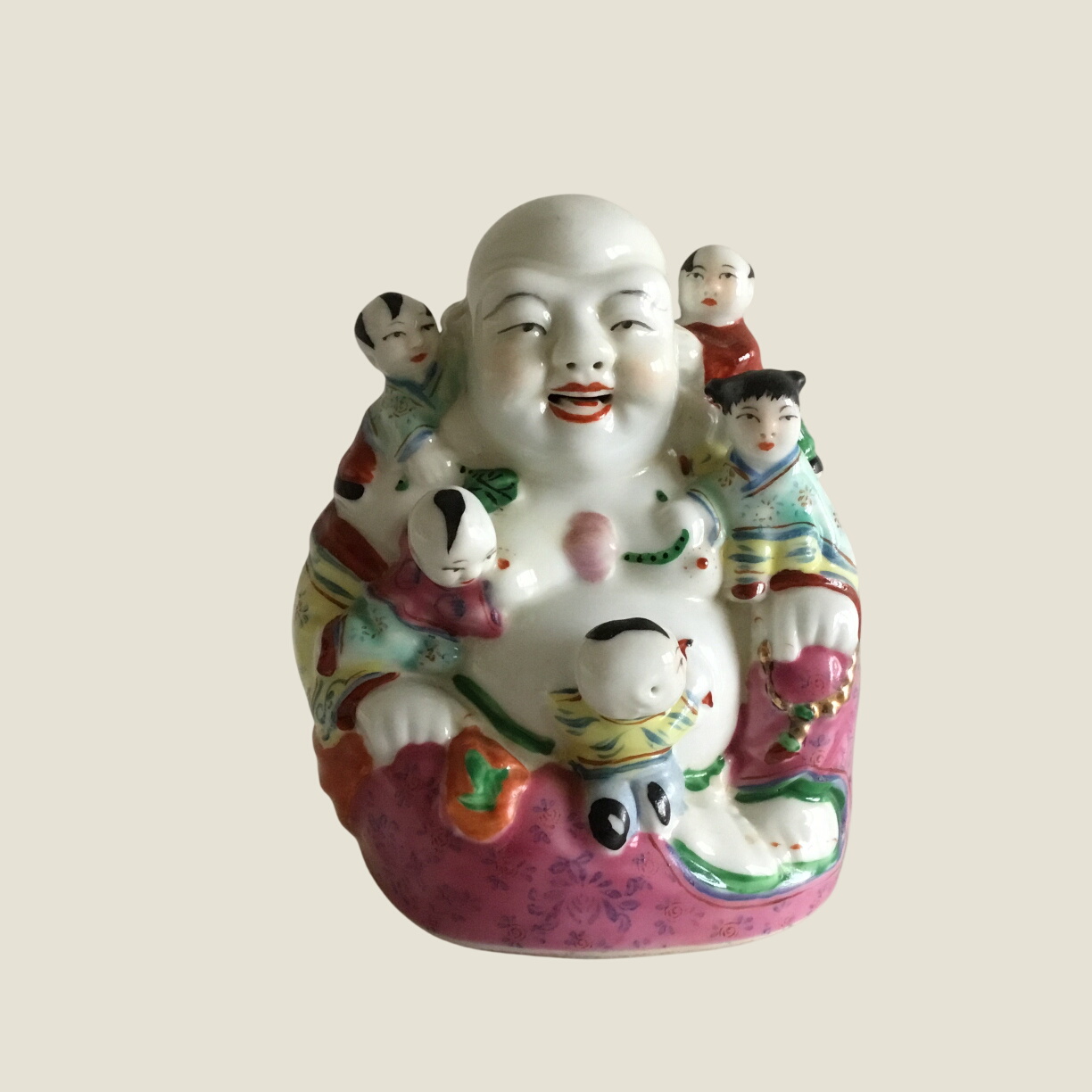 Vintage Porcelain | 1950s Chinese Buddha with Children, Hand-Painted Figurine