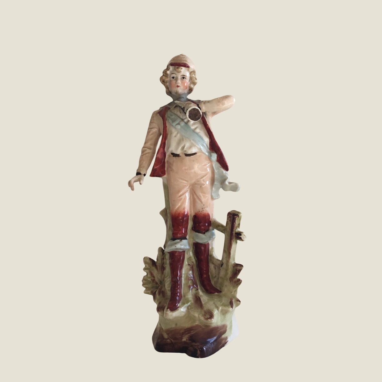 Antique Figurine | 1900s Porcelain Hunter with Horn, Hand Painted