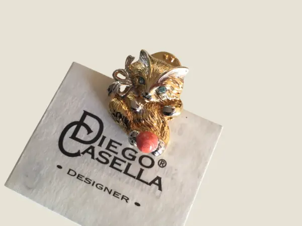 Vintage Brooch | Diego Casella-Pc-1954 Gold 24k & Rhodium 1000 Bicolor with Swarovski Eyes 1990s