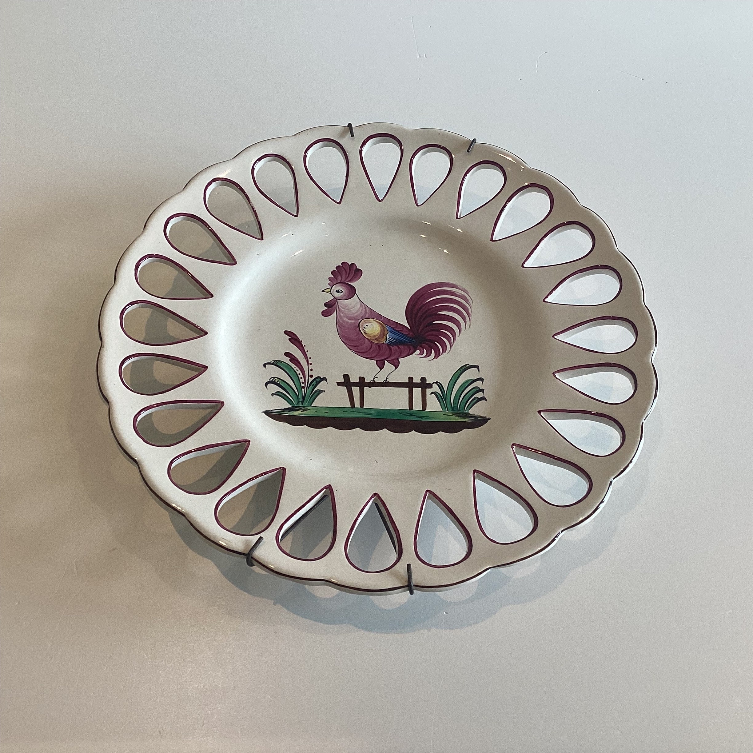 Antique Majolica Plate, 1800s French Perforated Ceramic, Hand Painted Wall Decor — photo 2 of 7