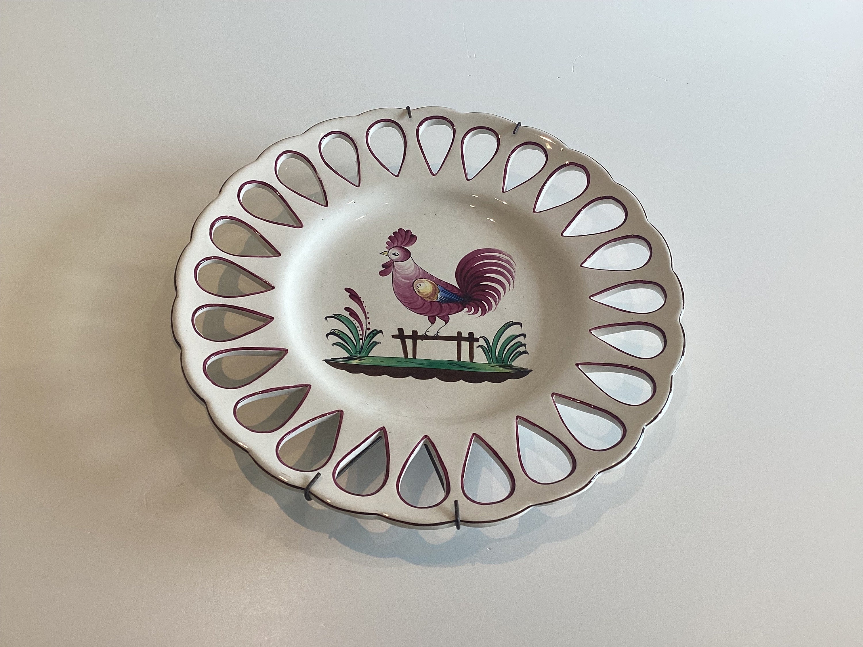 Antique Majolica Plate, 1800s French Perforated Ceramic, Hand Painted Wall Decor — photo 3 of 7