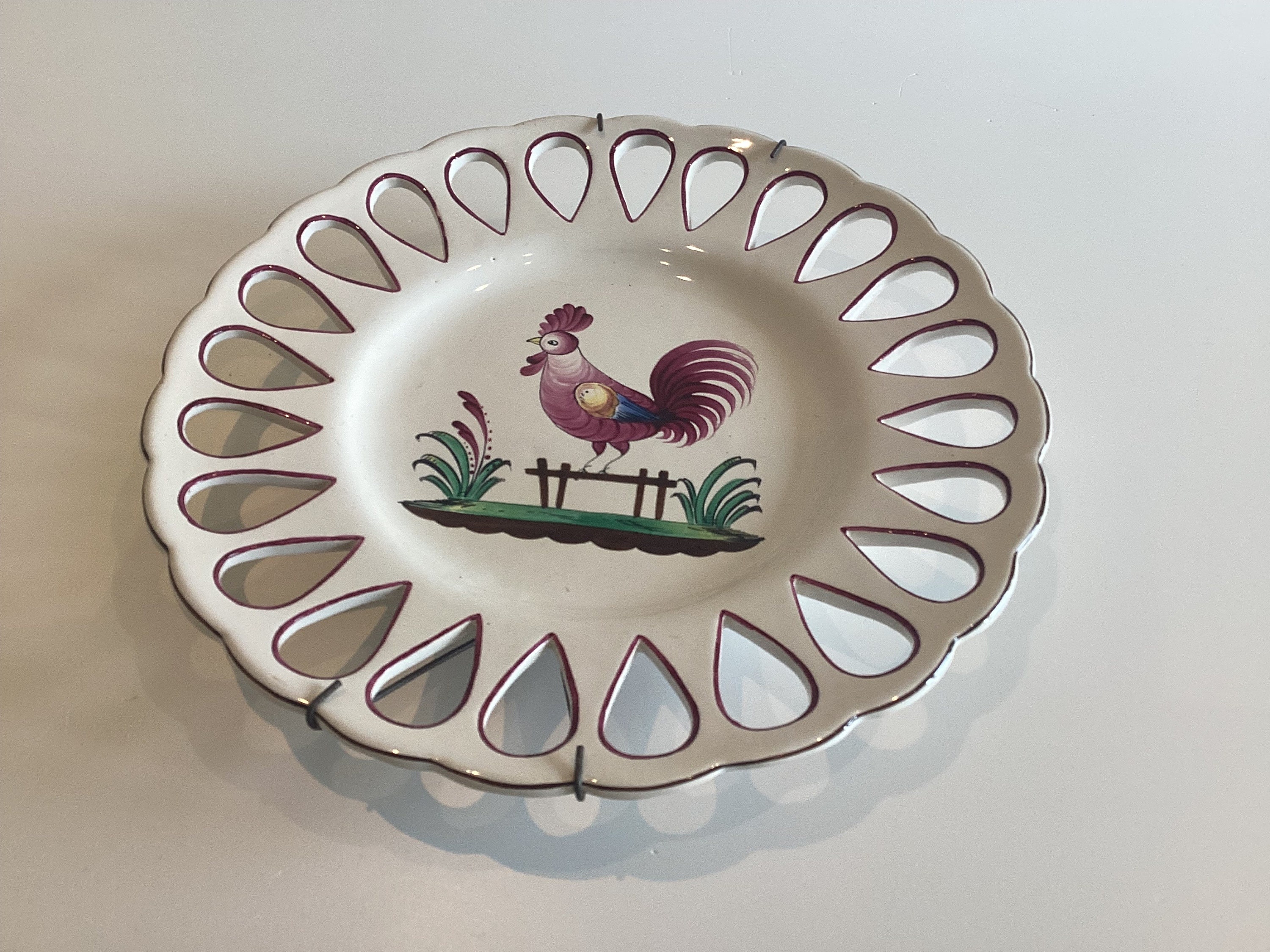 Antique Majolica Plate, 1800s French Perforated Ceramic, Hand Painted Wall Decor — photo 4 of 7