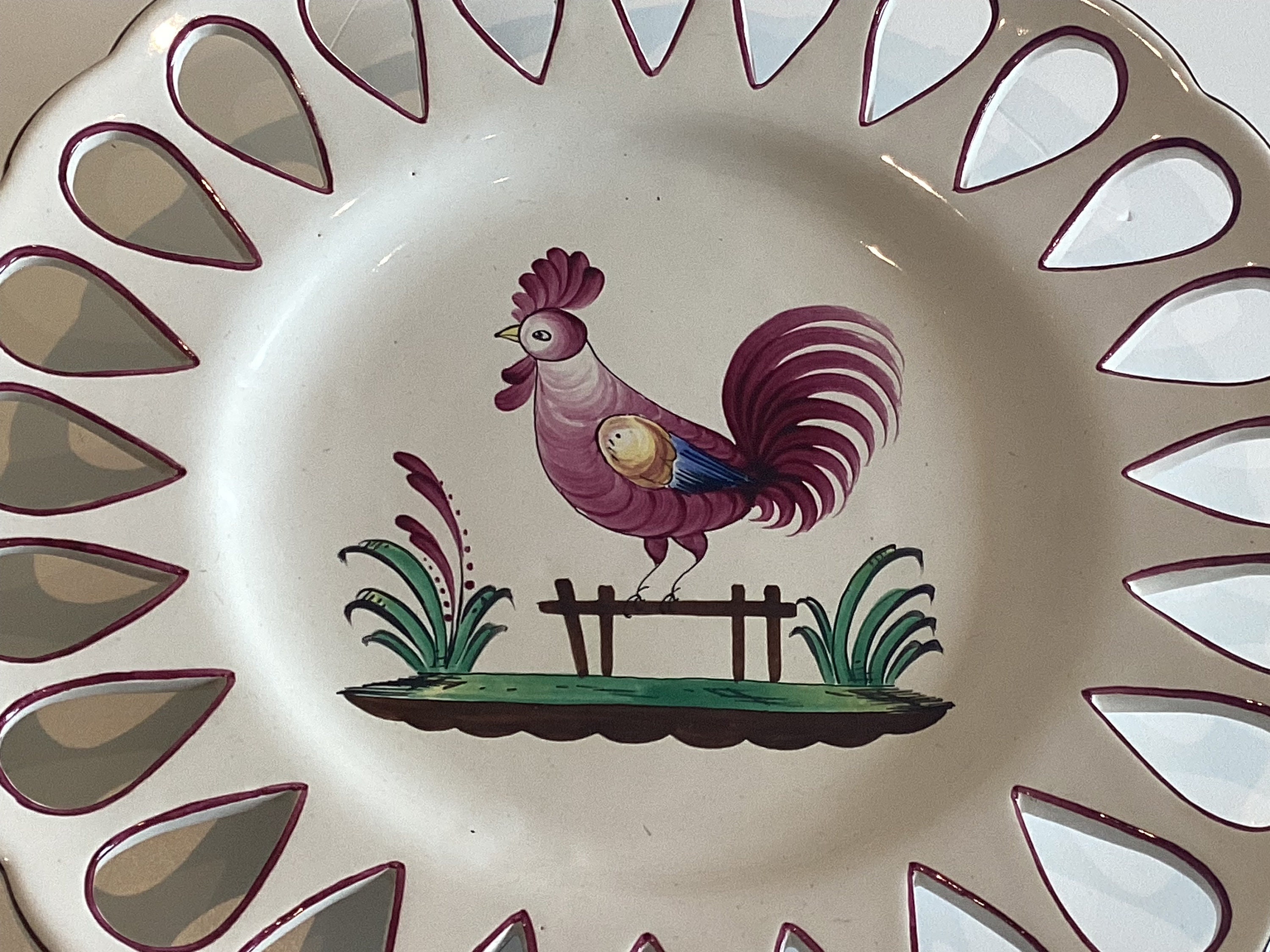 Antique Majolica Plate, 1800s French Perforated Ceramic, Hand Painted Wall Decor — photo 5 of 7